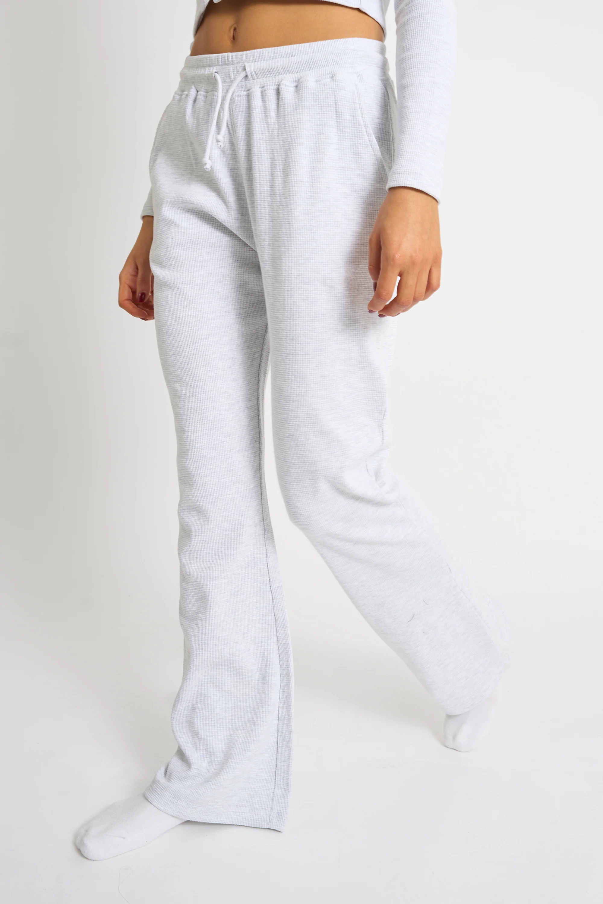Kaiia Waffle Wide Leg Joggers Grey Melange - Image 2