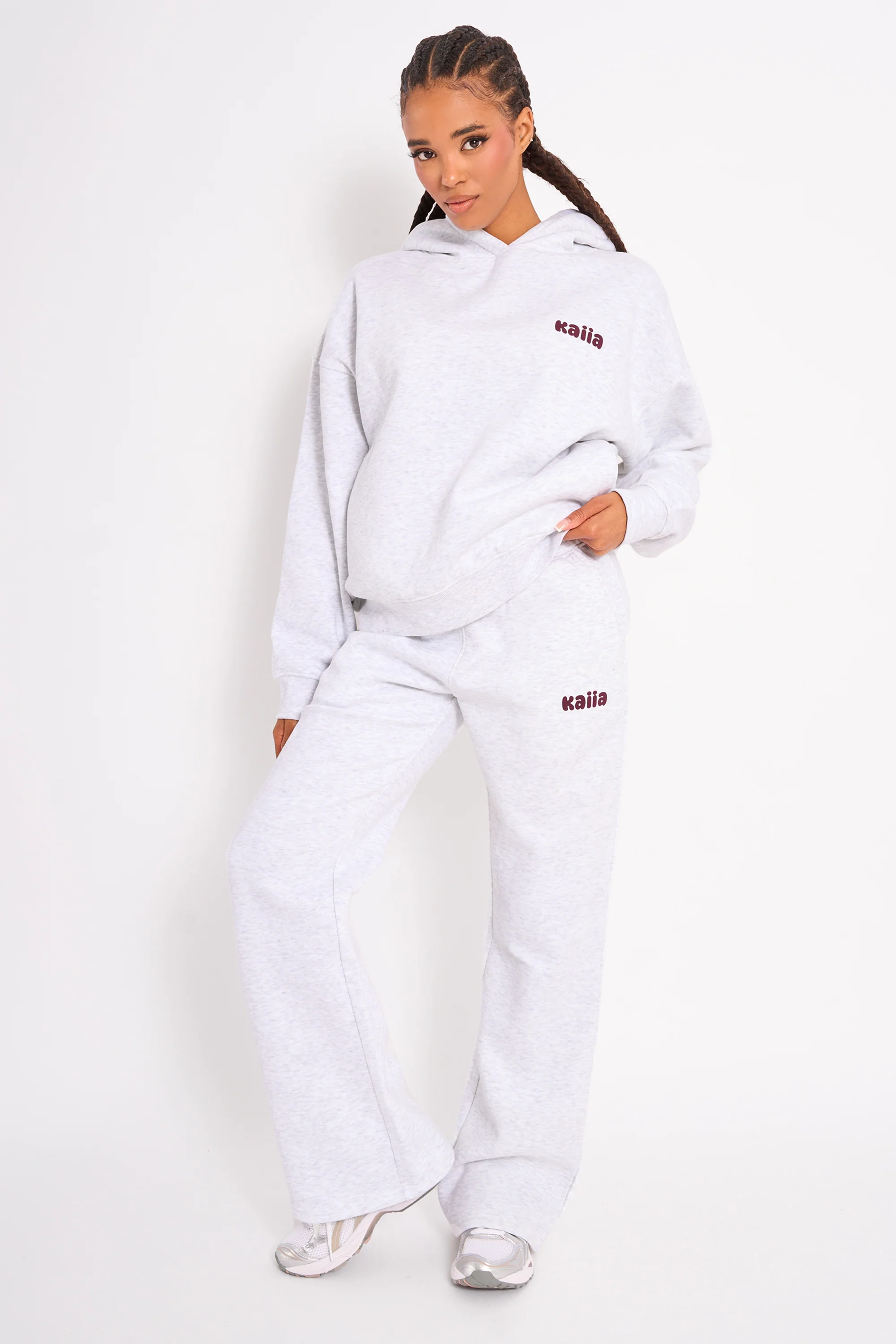 Kaiia Wide Leg Joggers Light Grey Marl & Plum