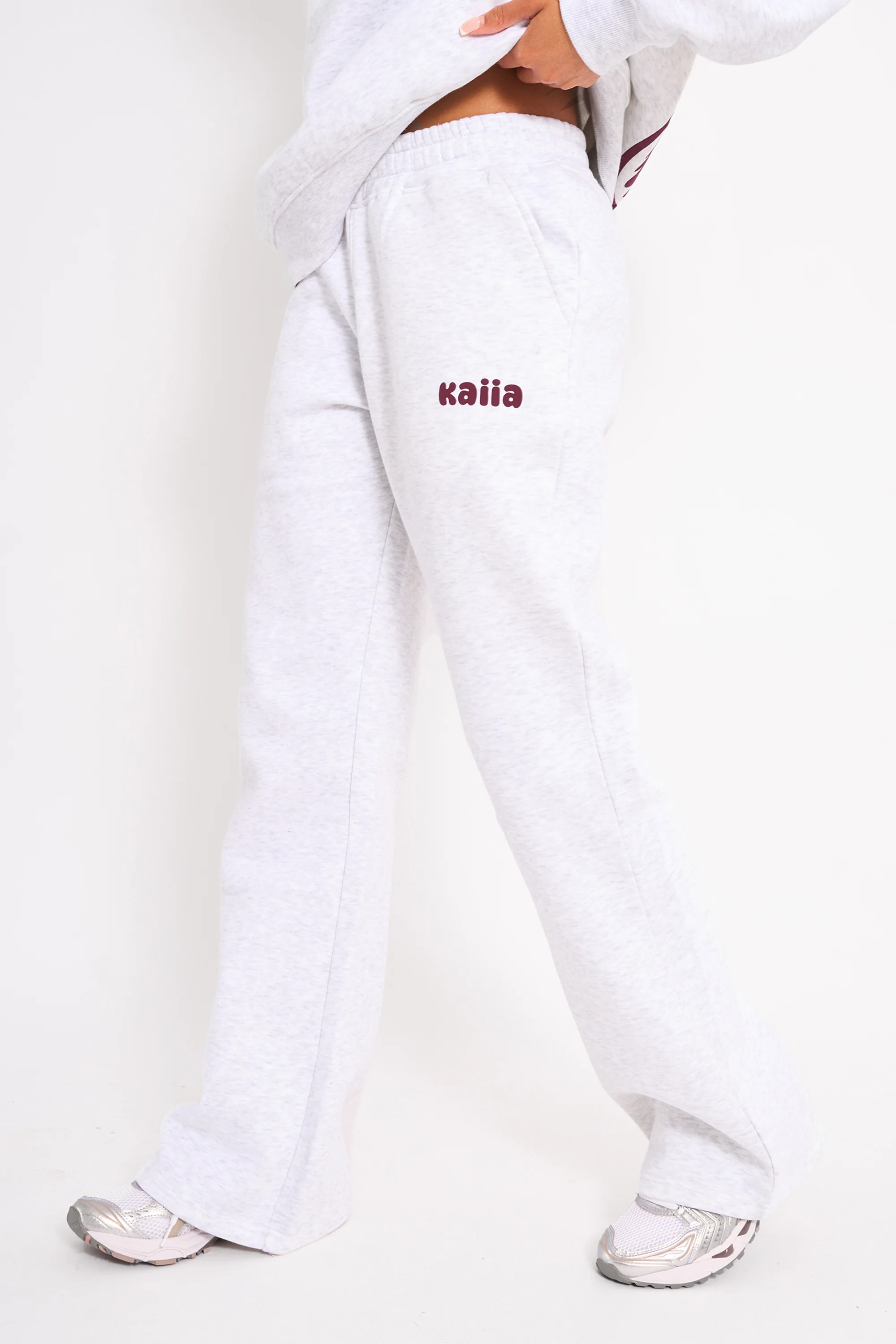 Kaiia Wide Leg Joggers Light Grey Marl & Plum - Image 2