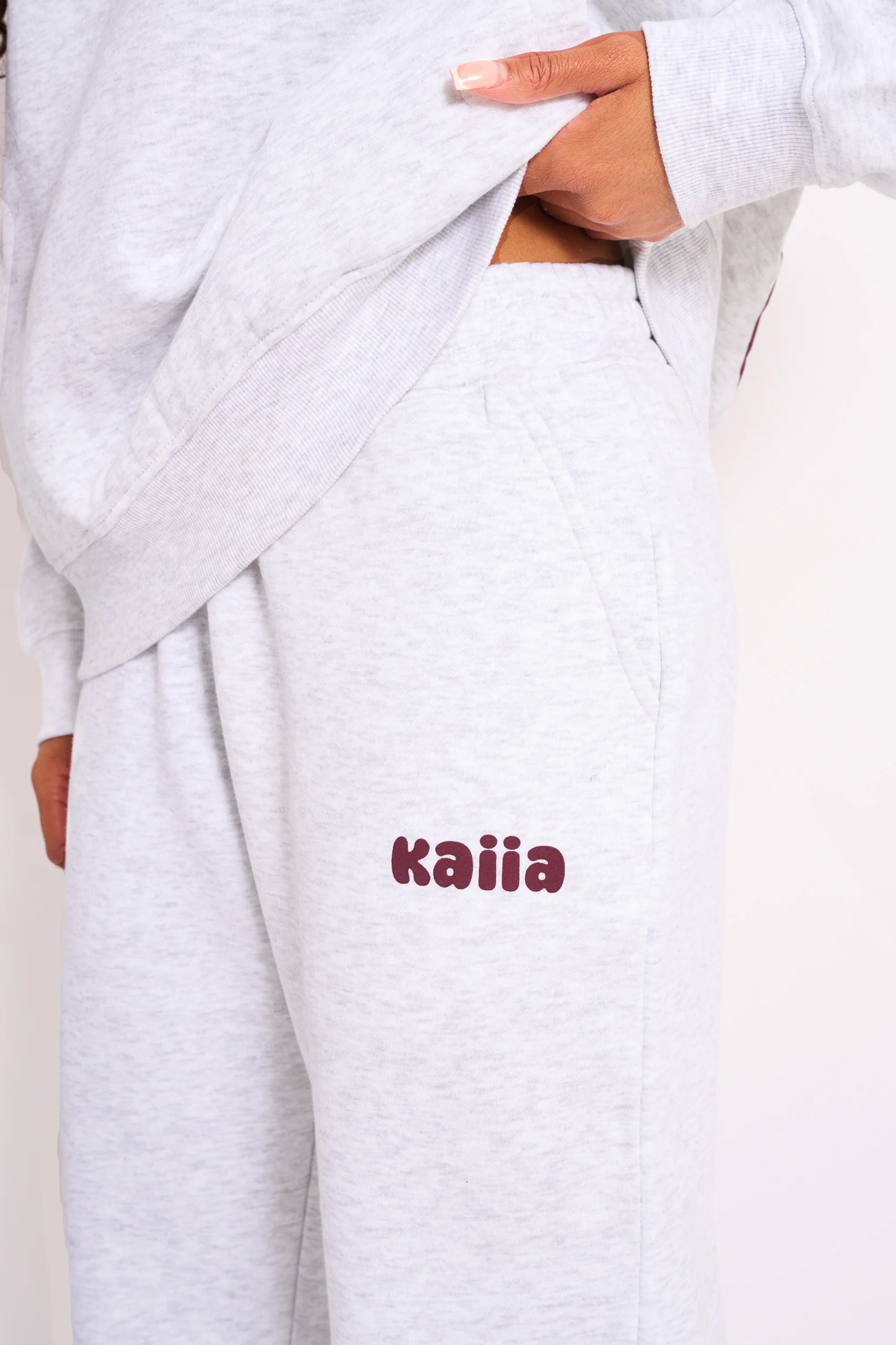 Kaiia Wide Leg Joggers Light Grey Marl & Plum - Image 4