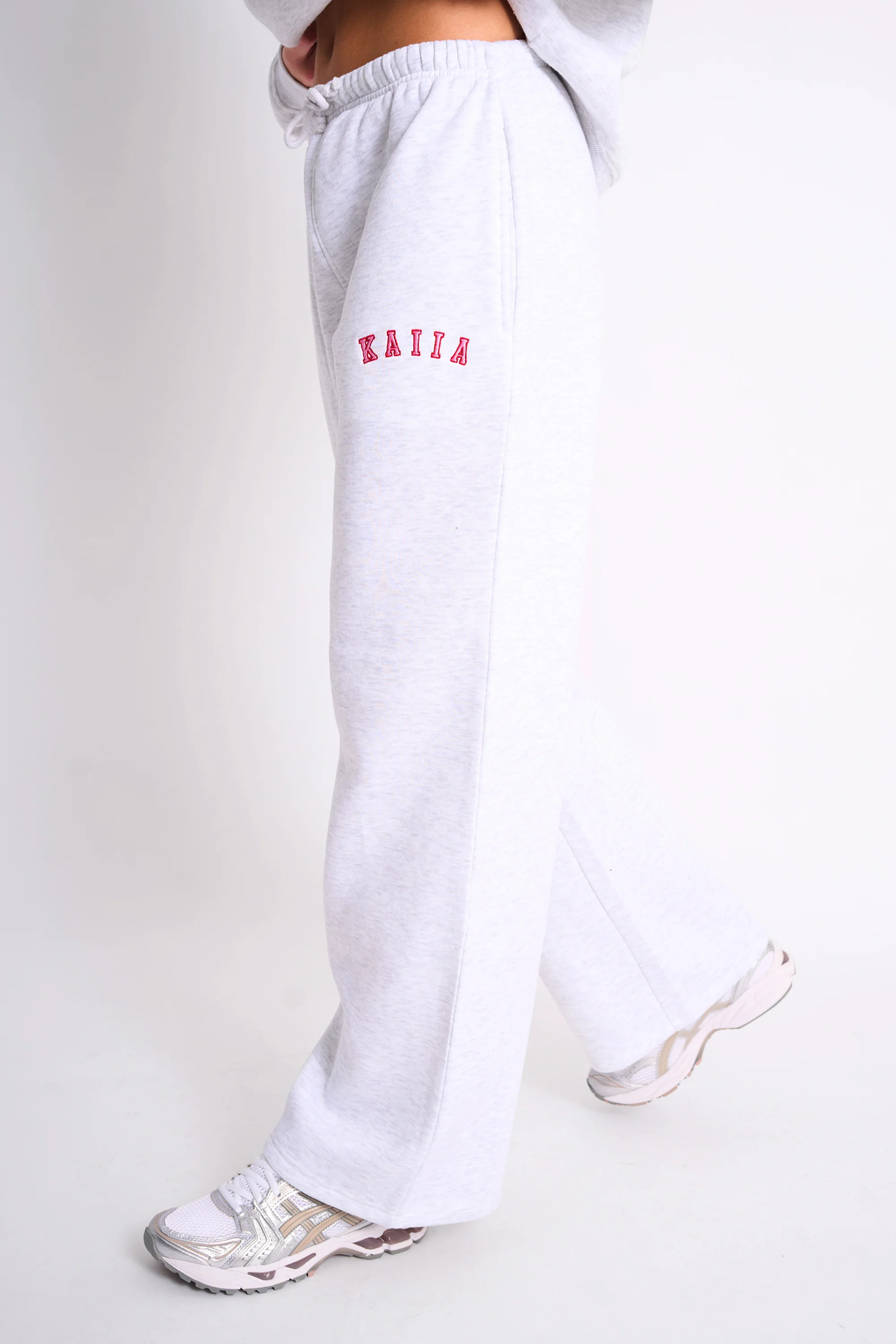 Kaiia Logo Wide Leg Joggers Light Grey Marl & Pink Contrast - Image 2