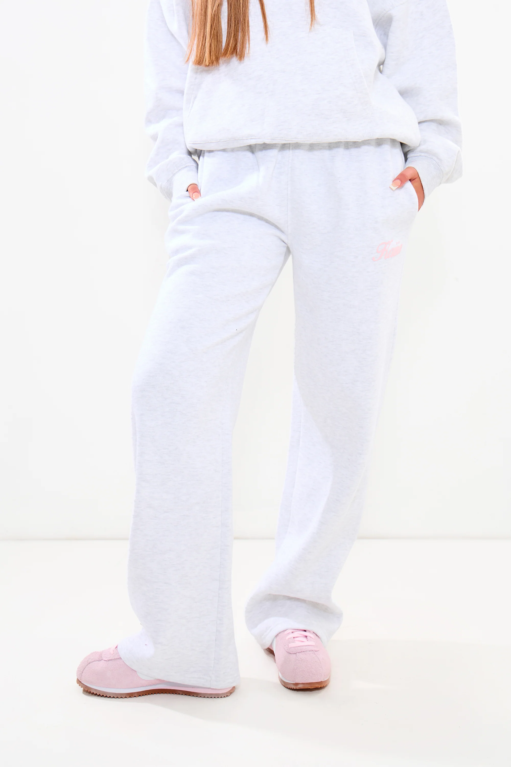 Kaiia Wide Leg Joggers Light Grey Marl & Pink - Image 3