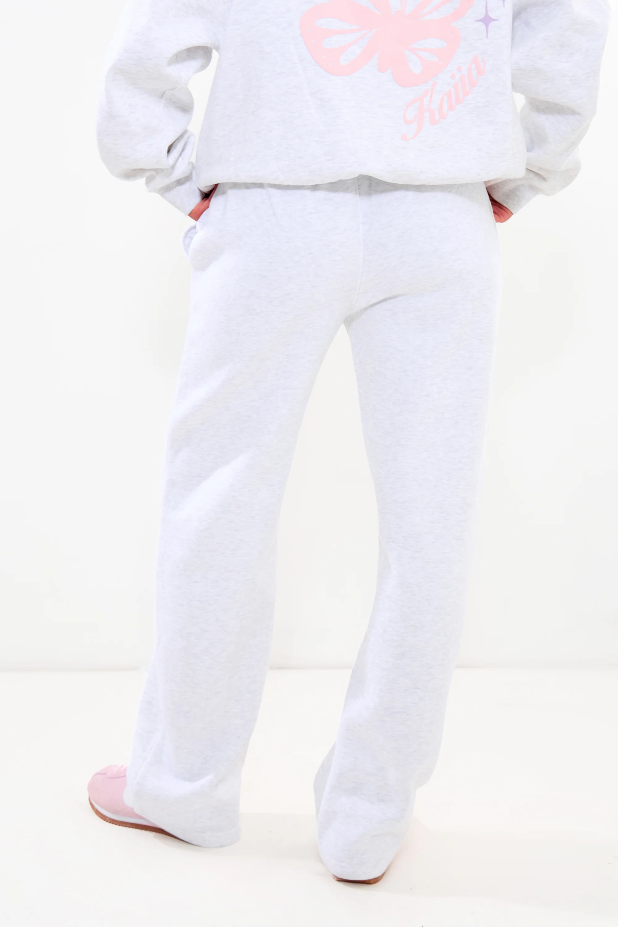 Kaiia Wide Leg Joggers Light Grey Marl & Pink - Image 4
