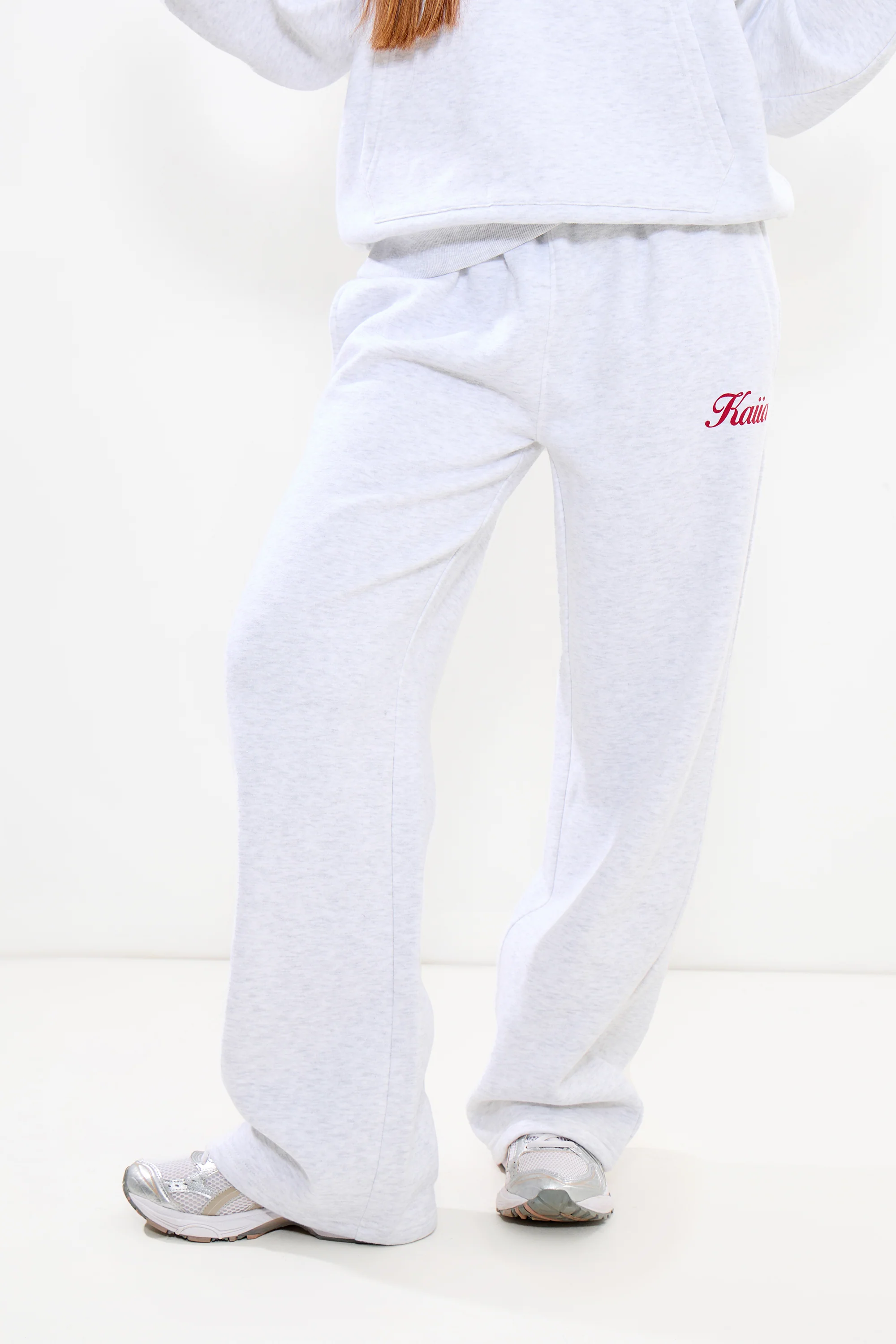 Kaiia Wide Leg Joggers Light Grey Marl & Red - Image 2