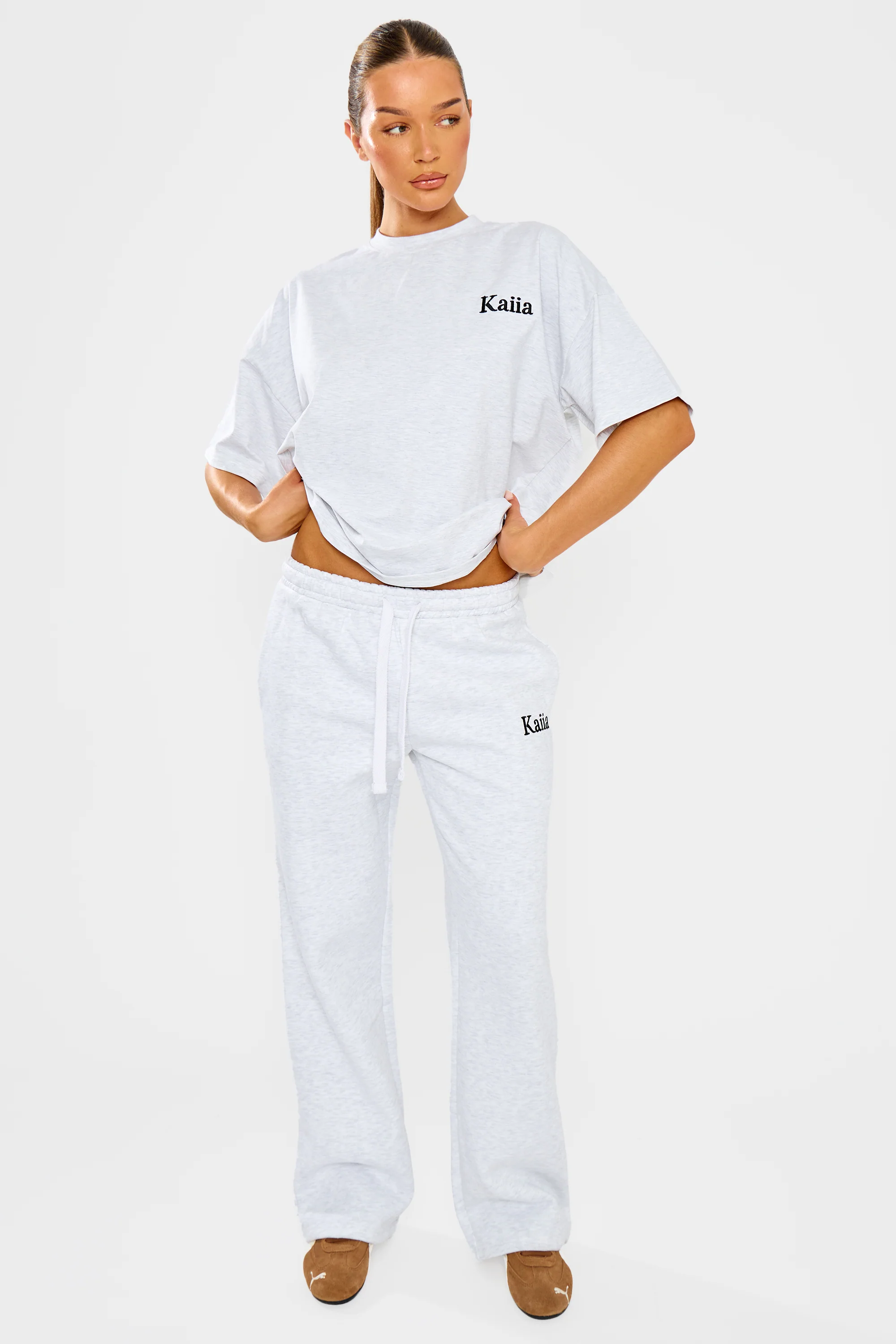 Kaiia Wide Leg Joggers Grey Marl & Black - Image 5