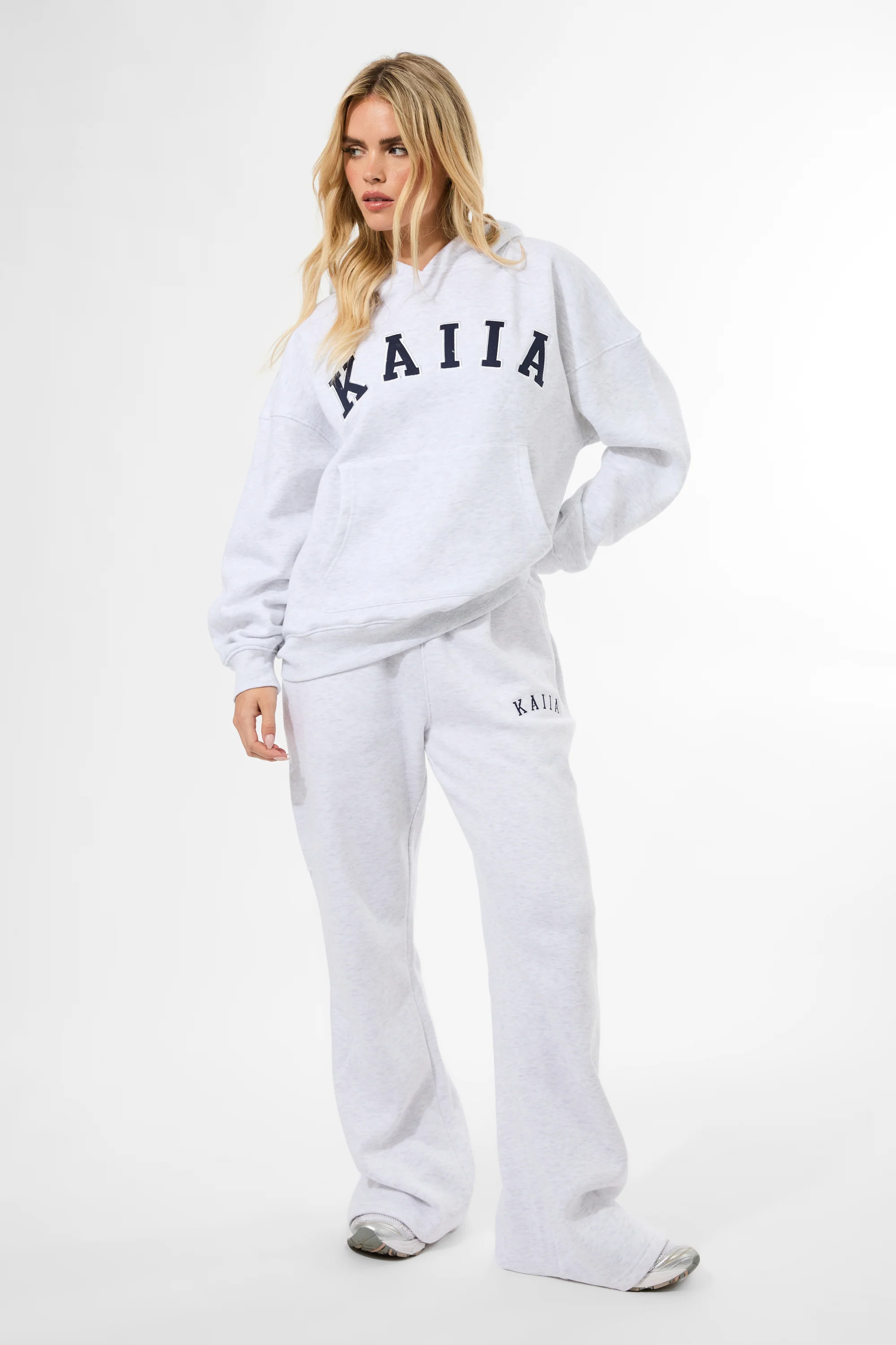 Kaiia Logo Wide Leg Sweat Pants Light Grey Marl & Navy - Image 5