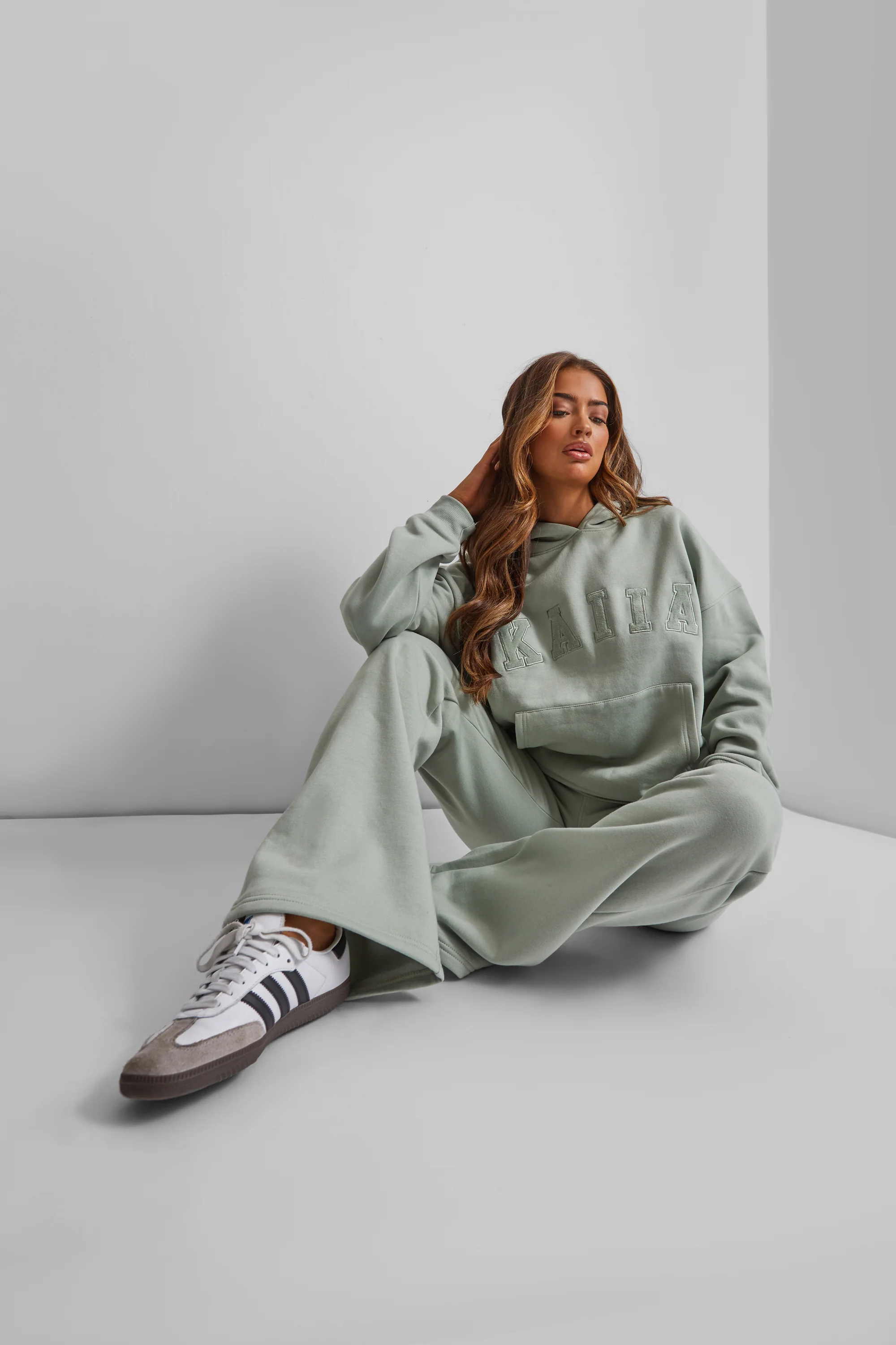 Kaiia Wide Leg Sweat Pants in Sage Green - Image 10