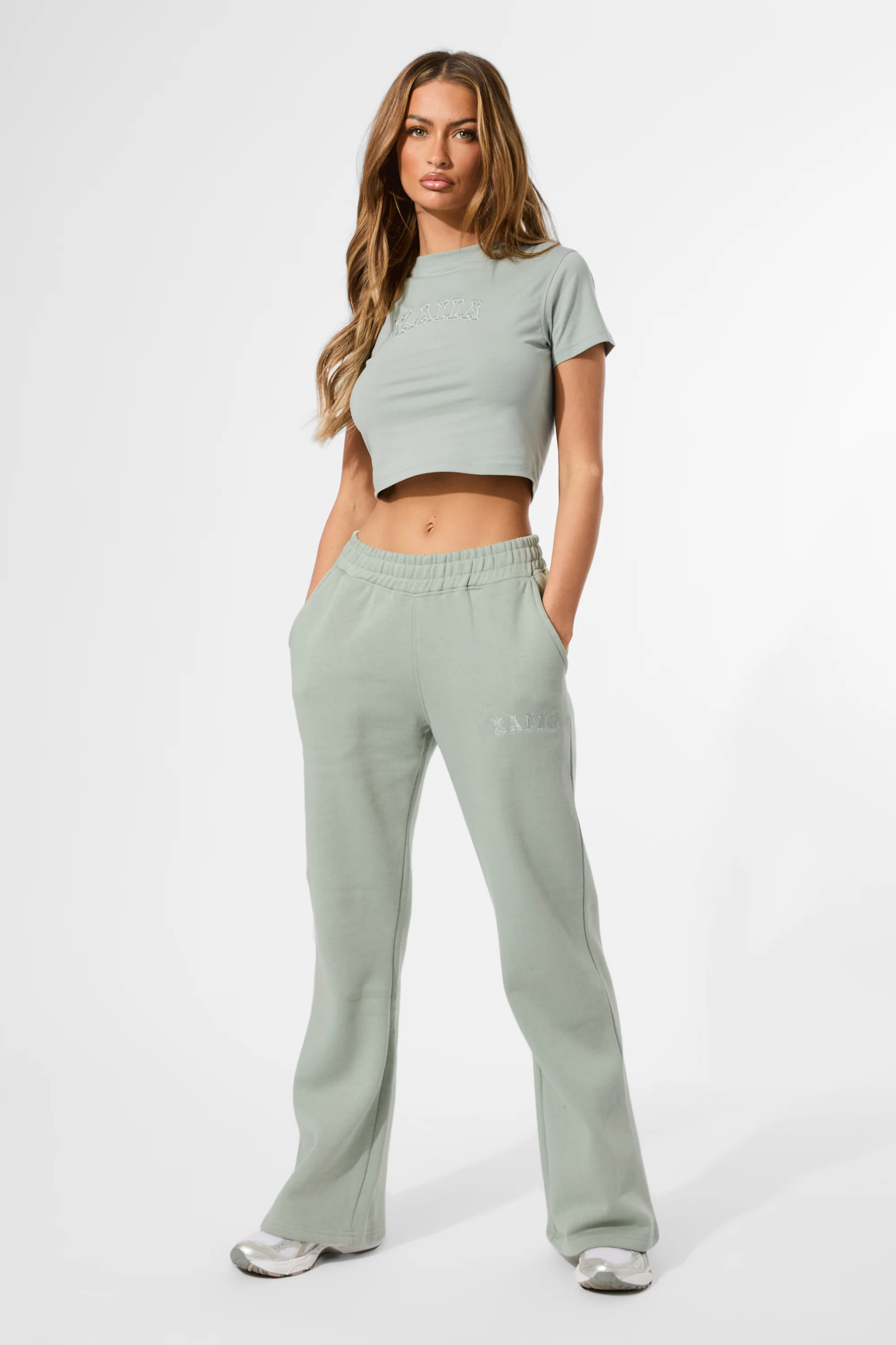 Kaiia Wide Leg Sweat Pants in Sage Green - Image 17