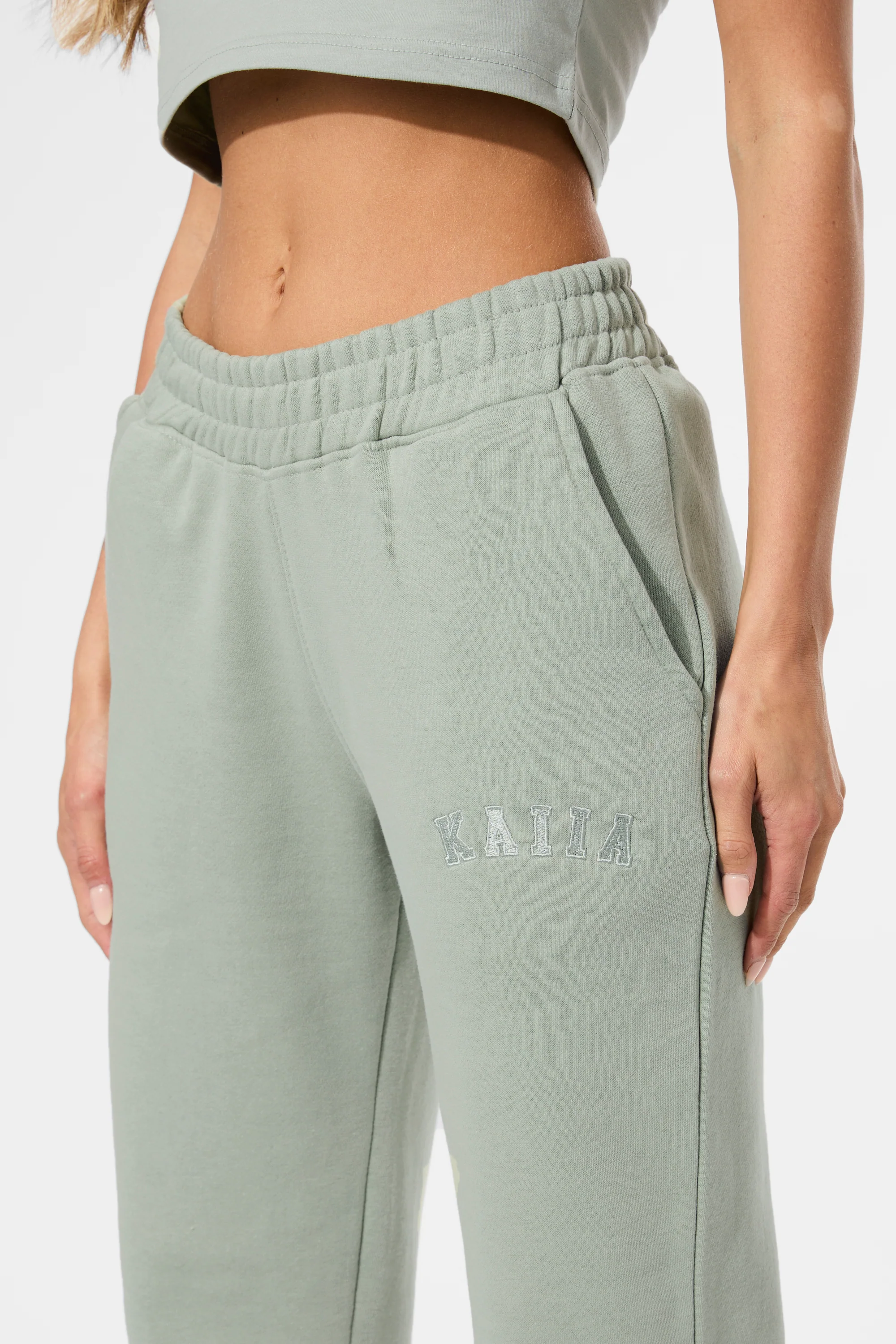 Kaiia Wide Leg Sweat Pants in Sage Green - Image 18