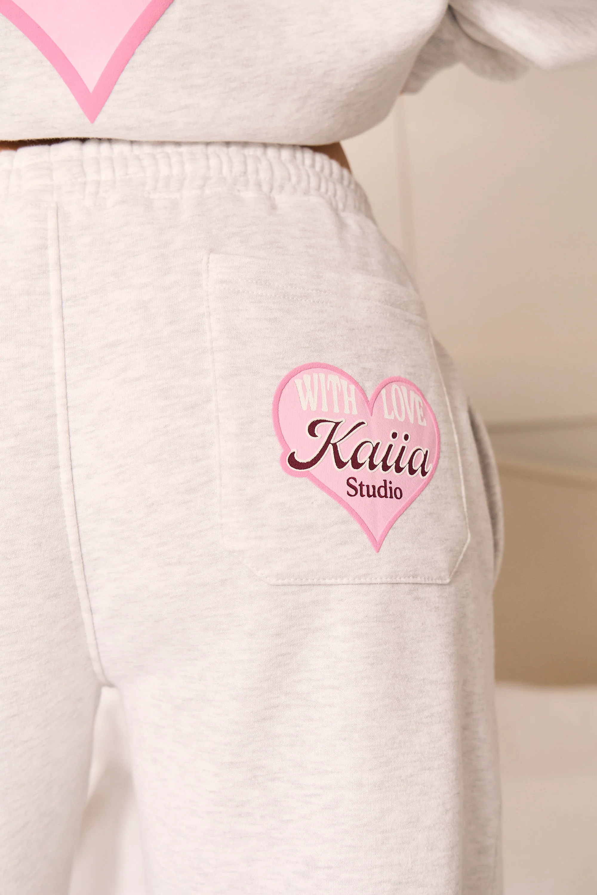 Kaiia With Love Wide Leg Joggers Light Grey Marl & Pink - Image 2