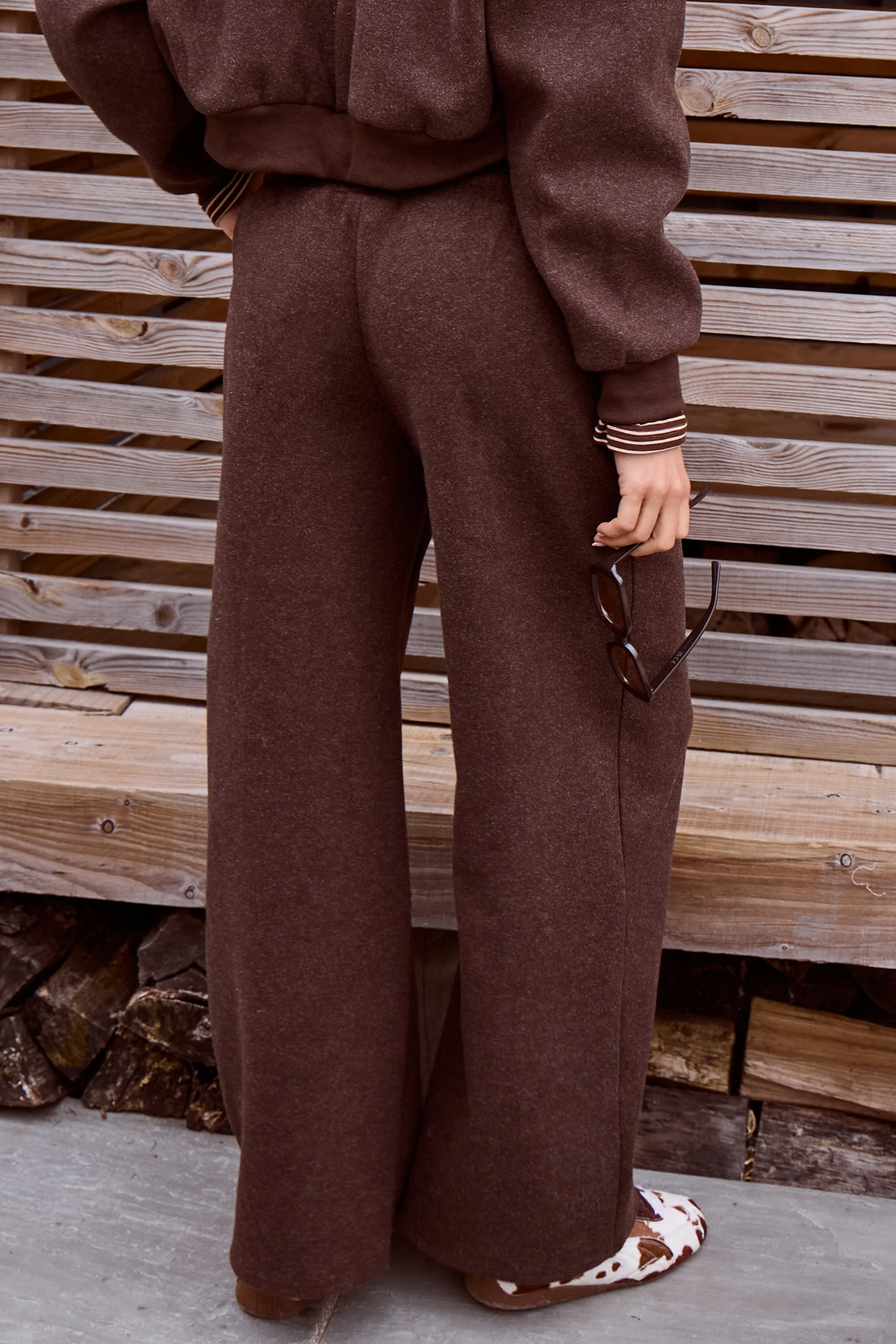 Kaiia Wool Effect Wide Leg Trousers Brown Marl - Image 4