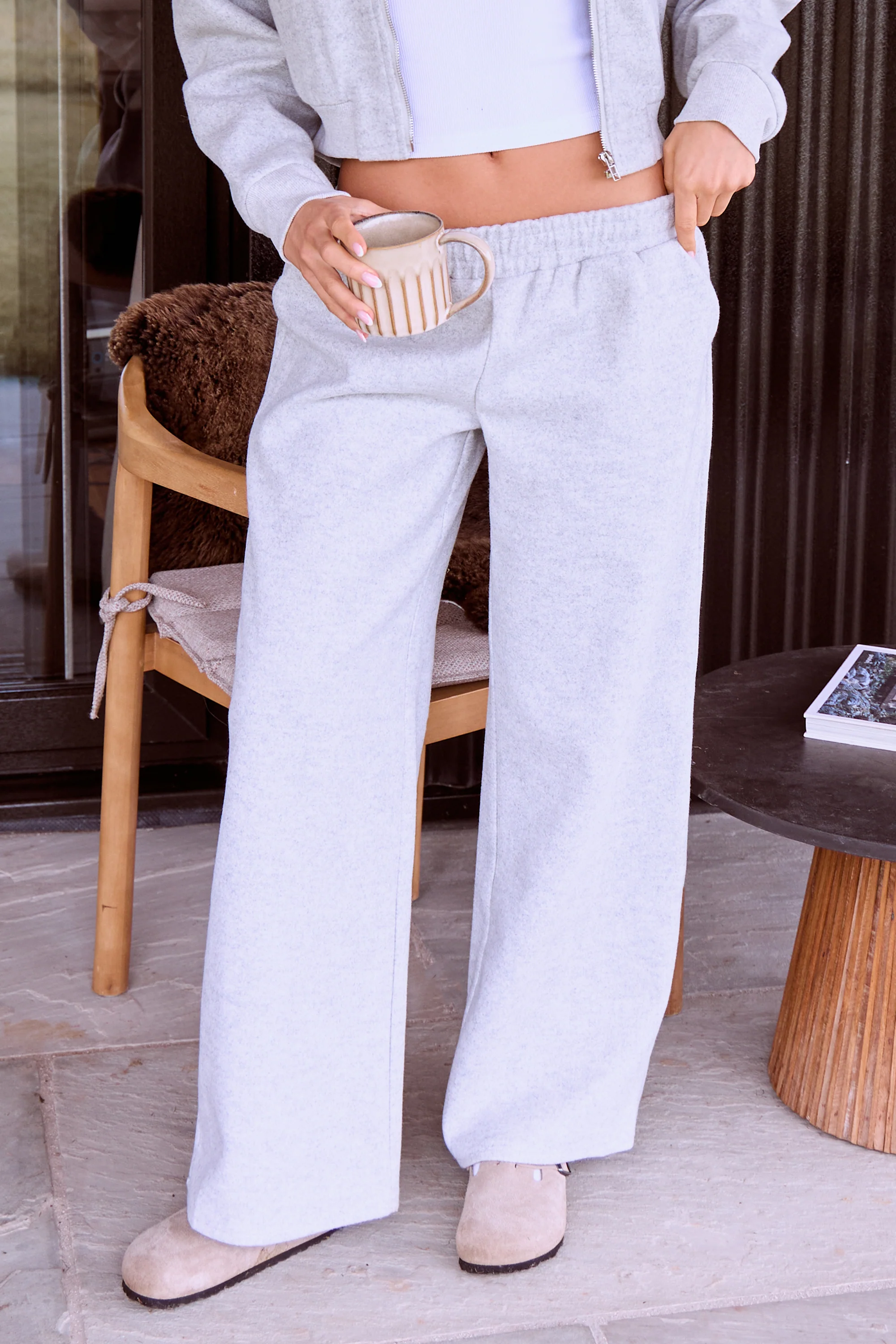 Kaiia Wool Effect Wide Leg Trousers Grey Marl - Image 2