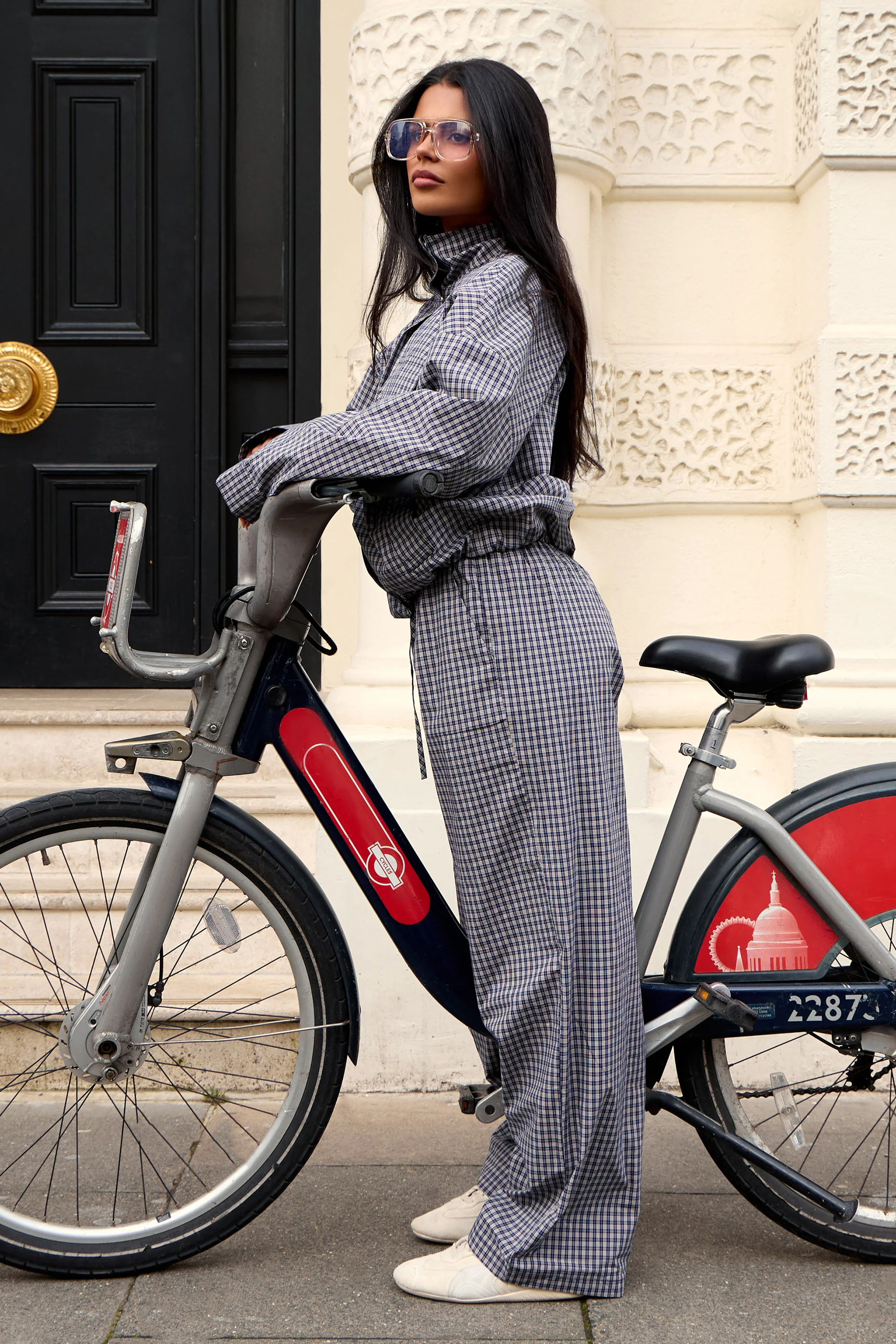 Kaiia Woven Check Double Waistband Straight Leg Trousers Navy - Image 2