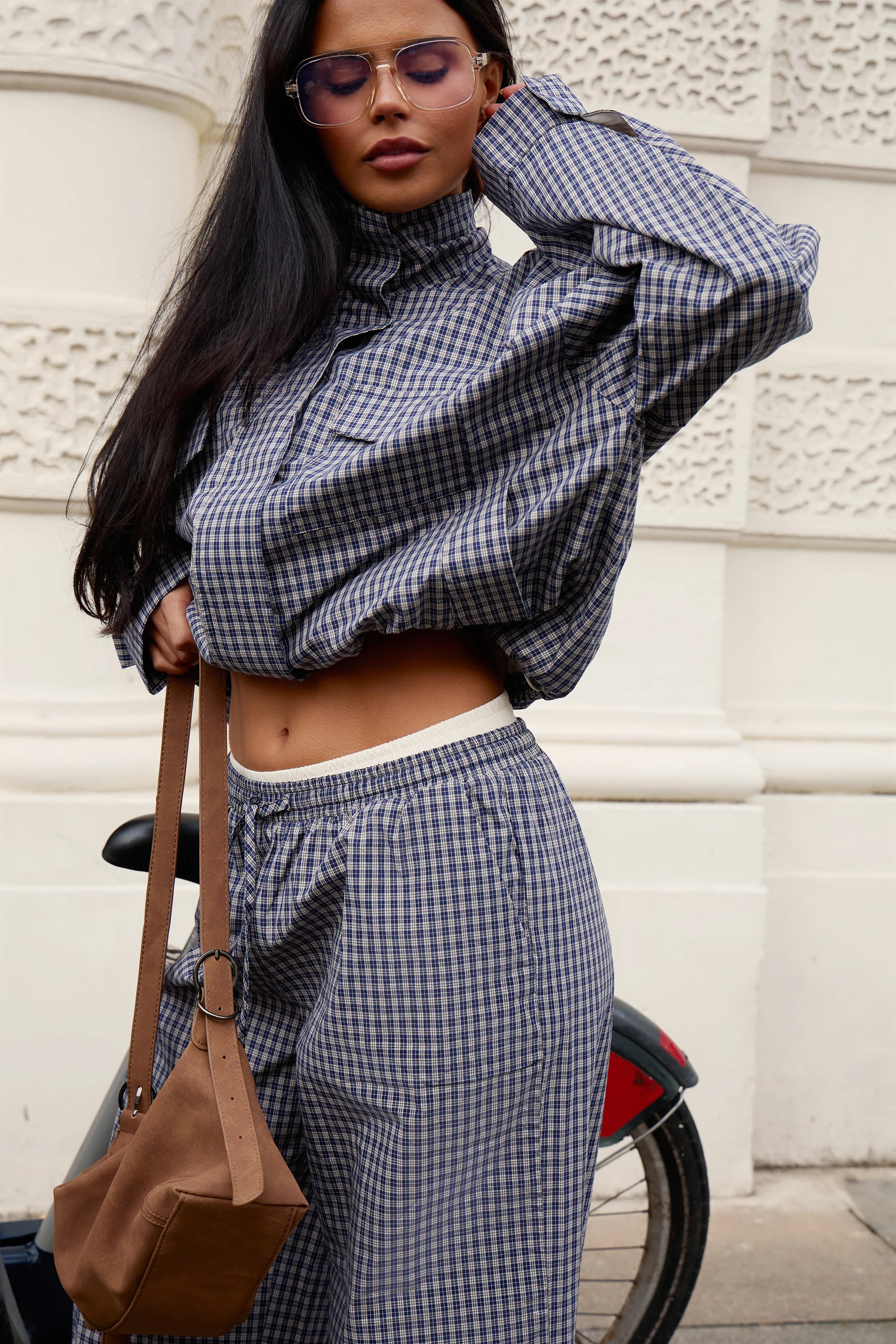 Kaiia Woven Check Double Waistband Straight Leg Trousers Navy - Image 3