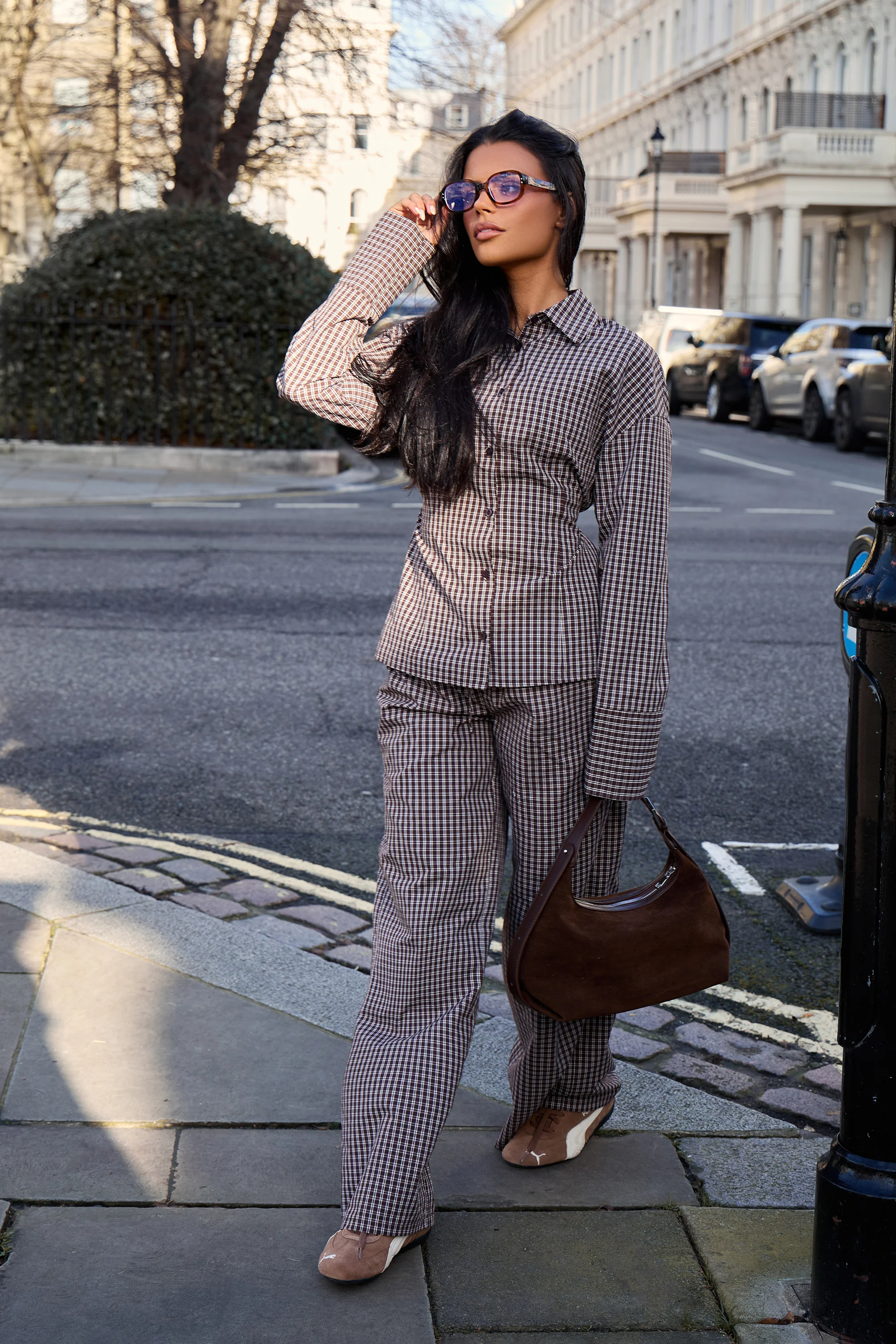 Kaiia Woven Check Straight Leg Trousers Chocolate Brown
