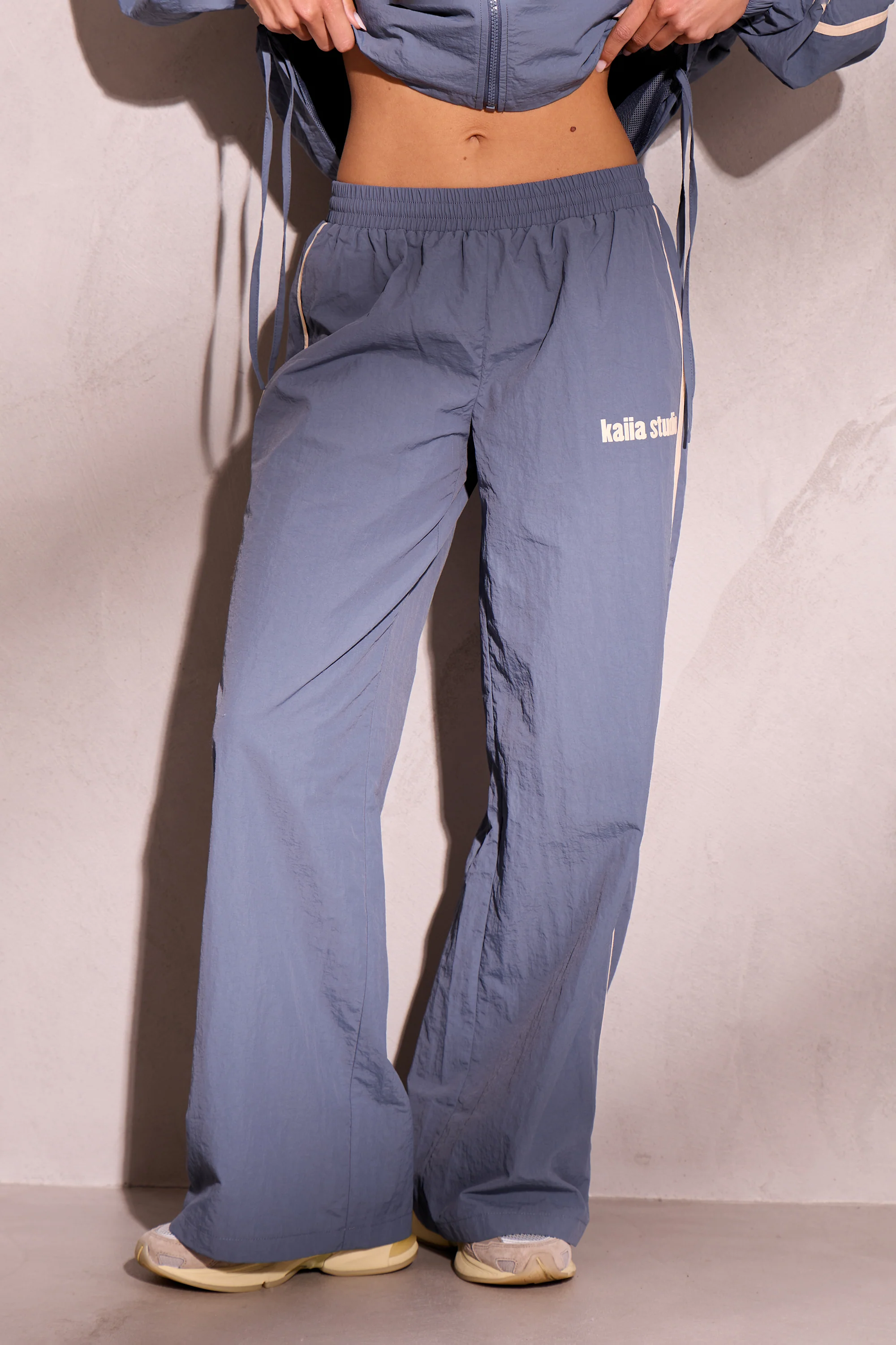 Kaiia Woven Stripe Wide Leg Trousers Petrol Blue & Cream - Image 3