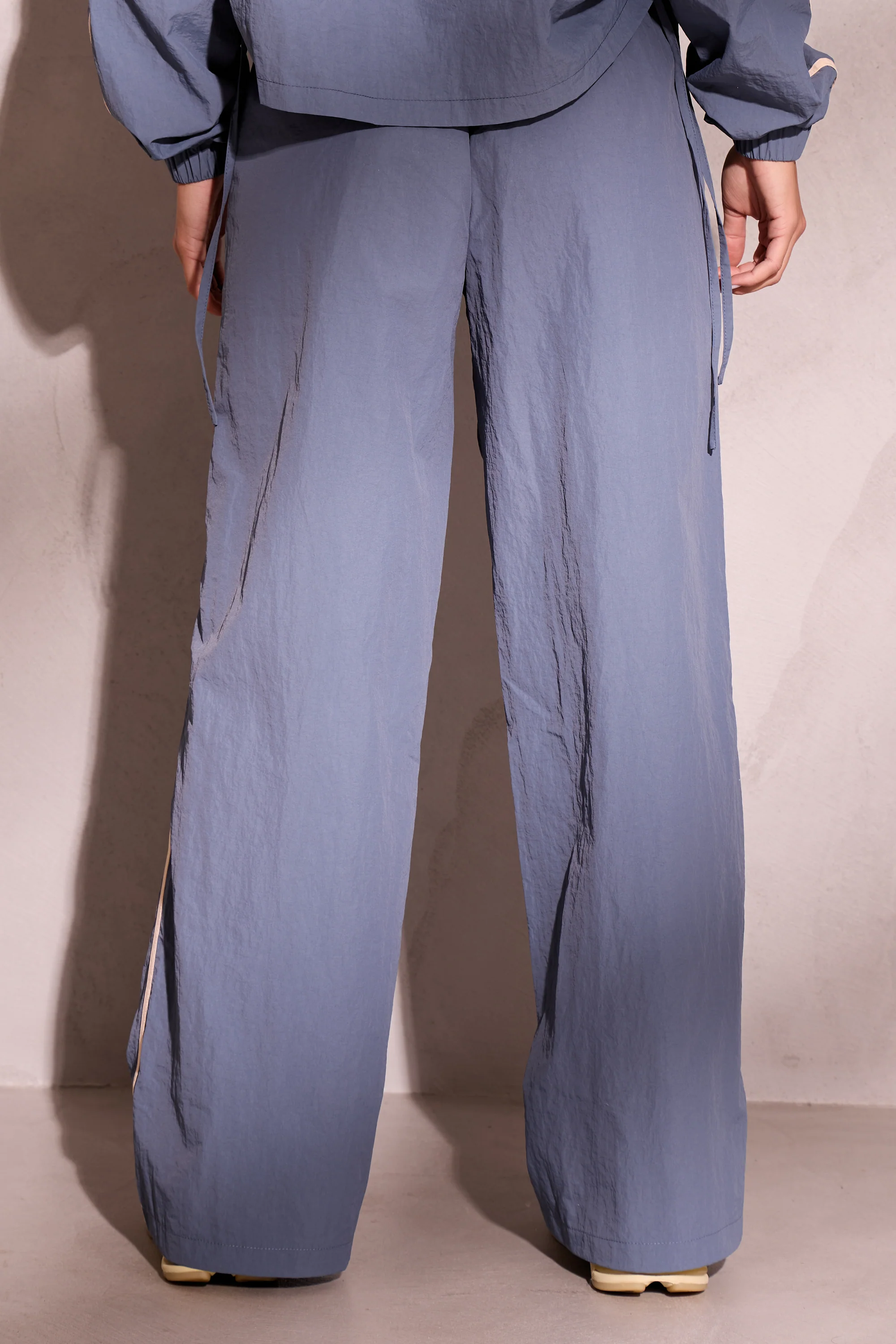 Kaiia Woven Stripe Wide Leg Trousers Petrol Blue & Cream - Image 4