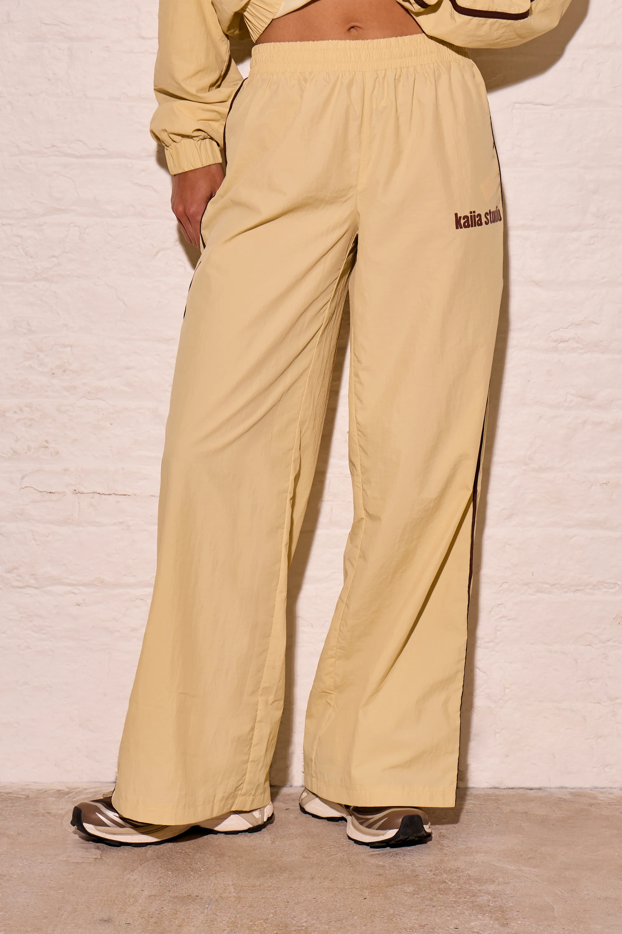 Kaiia Woven Stripe Wide Leg Trousers Yellow & Biscuit - Image 3
