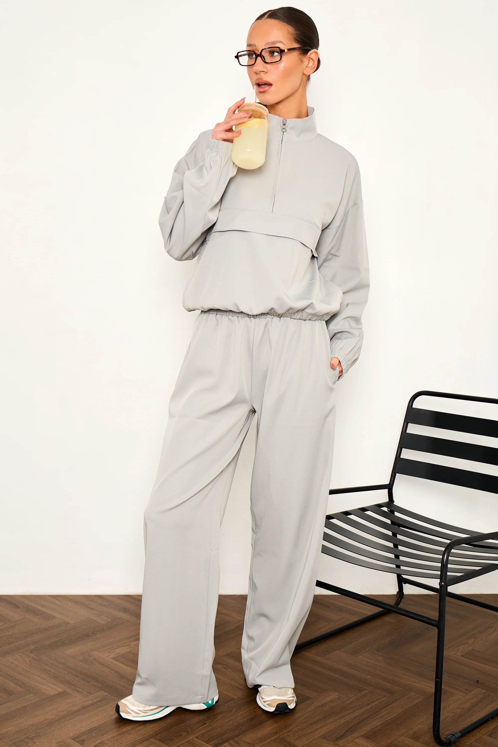 Kaiia Woven Wide Leg Trousers Grey Blue