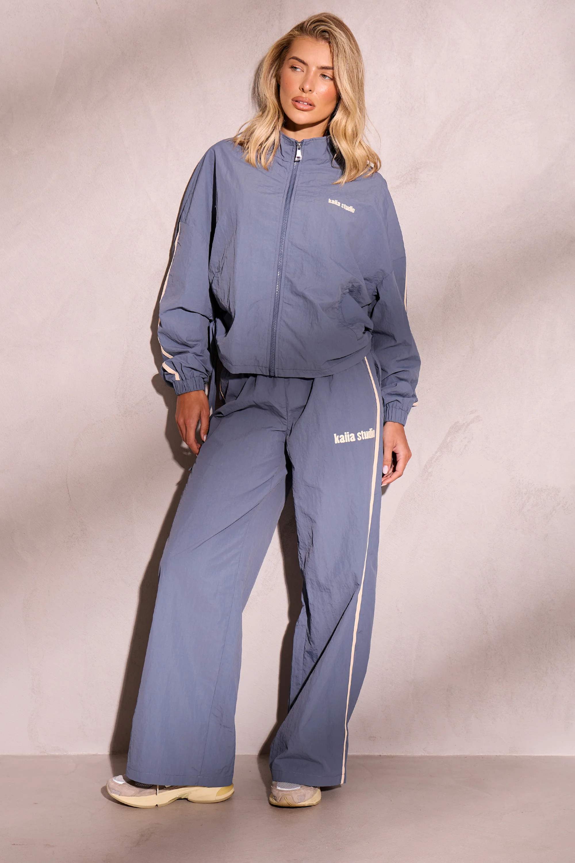 Kaiia Woven Windbreaker Zip Up Jacket Petrol Blue & Cream - Image 3