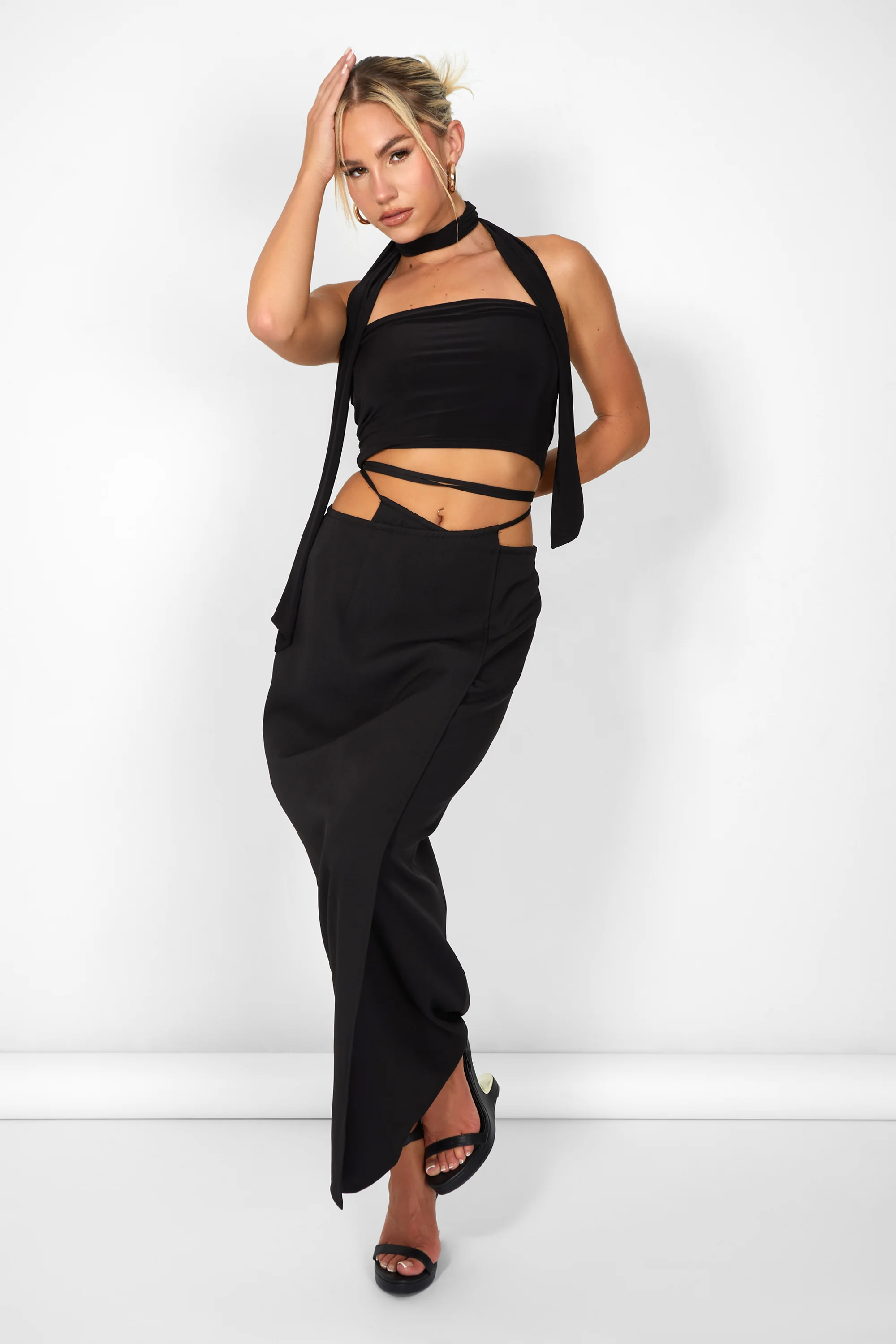 Kaiia Wrap Tie Side Maxi Skirt in Black - Image 2