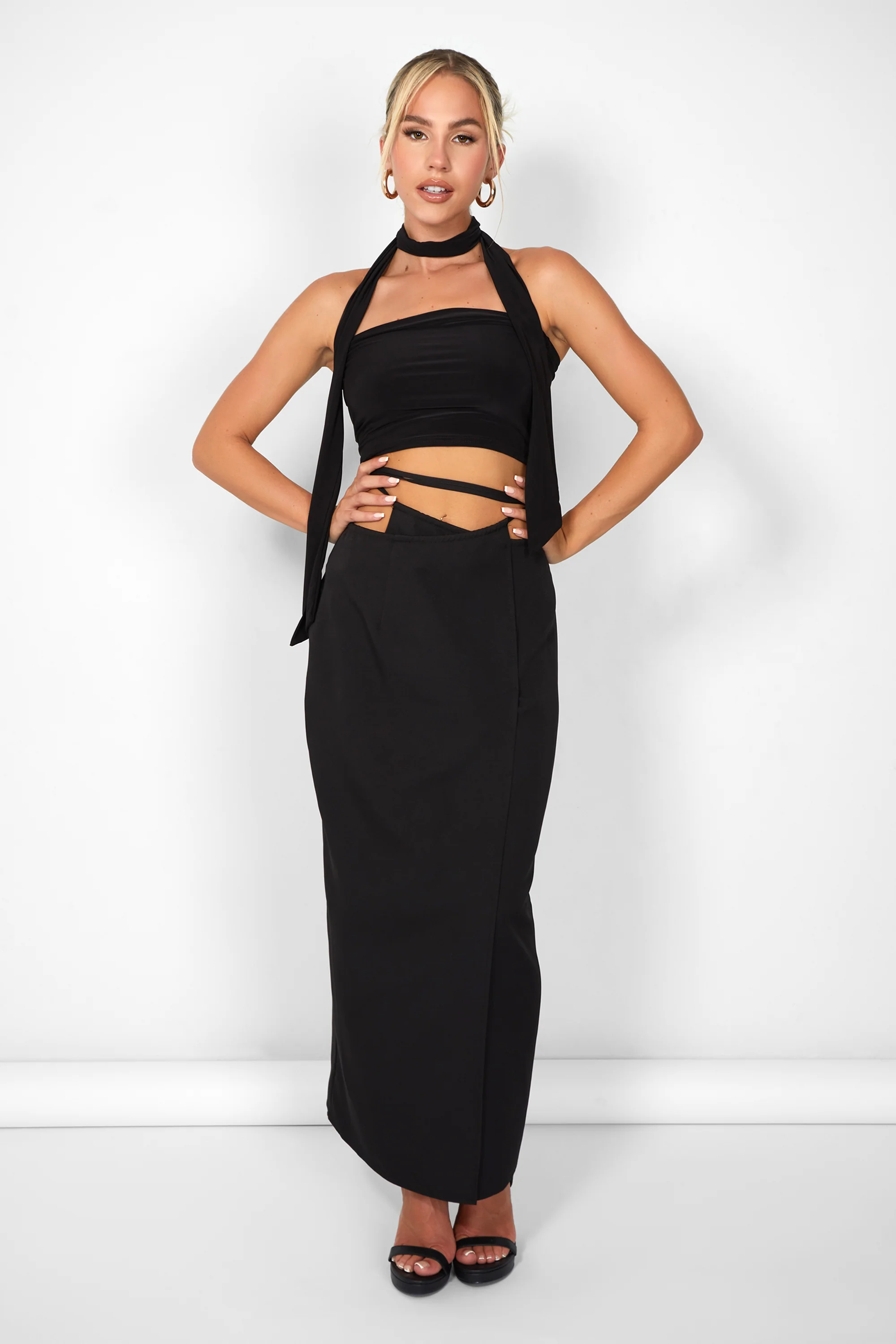 Kaiia Wrap Tie Side Maxi Skirt in Black - Image 3