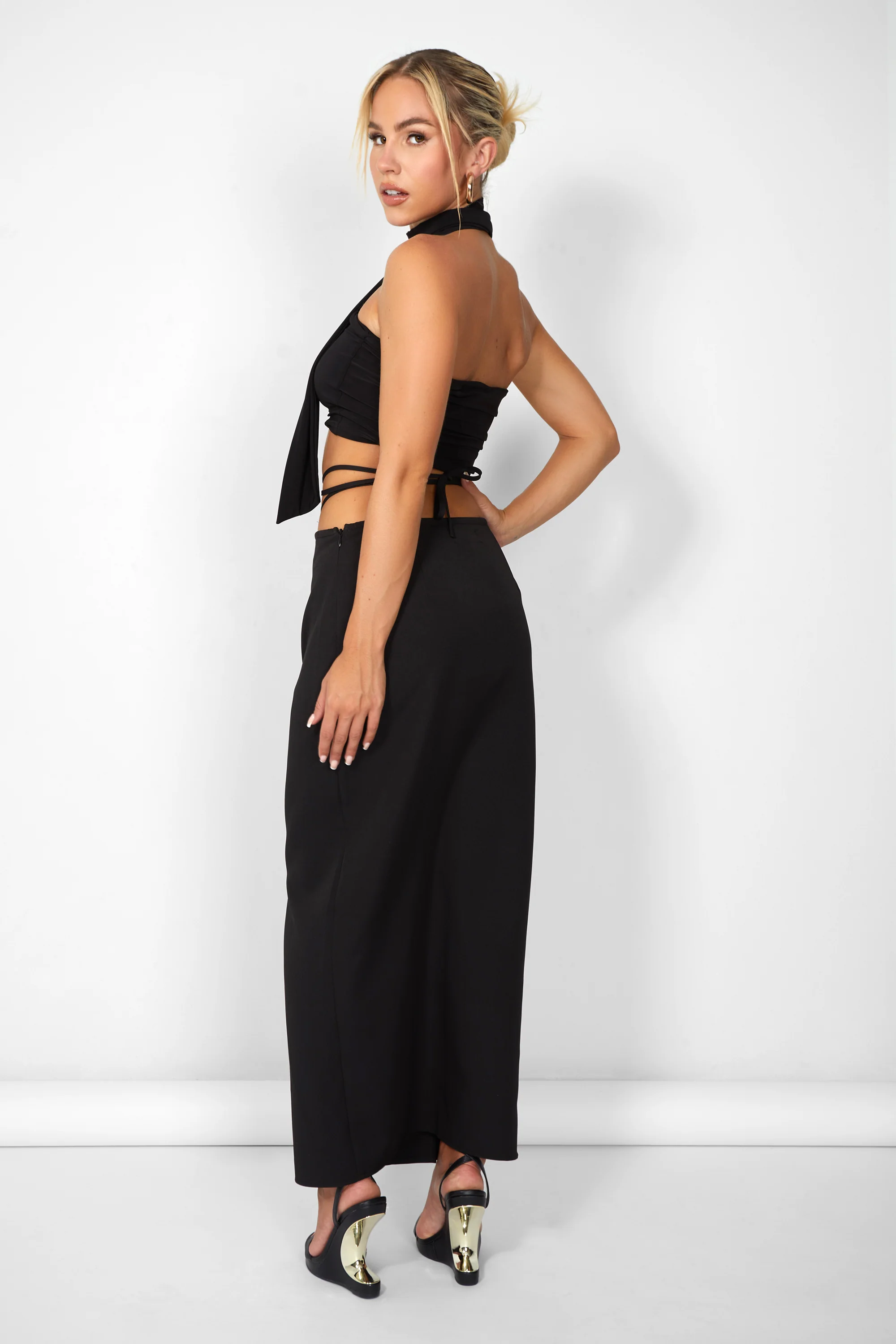 Kaiia Wrap Tie Side Maxi Skirt in Black - Image 6