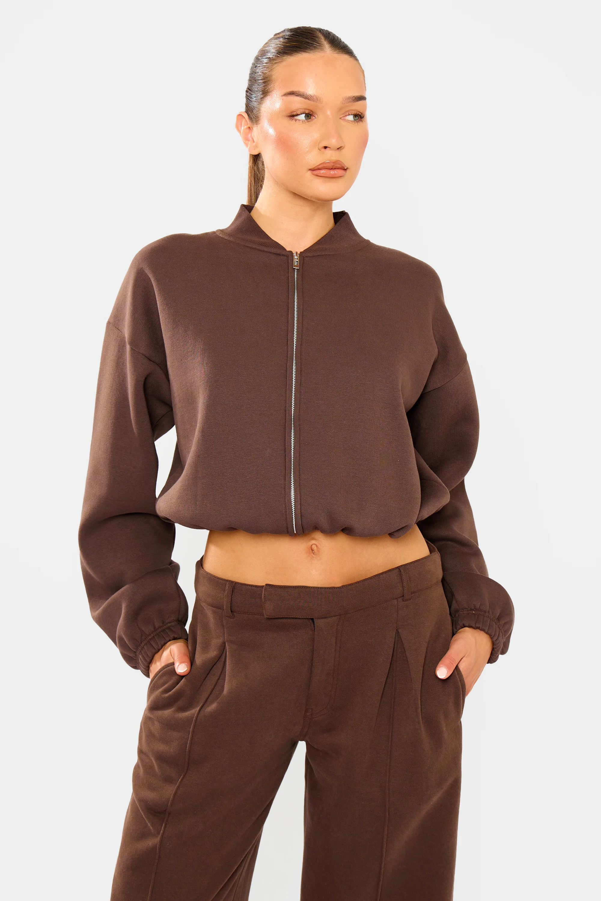 Kaiia Zip Through Bomber Style Sweatshirt Dark Brown - Image 5