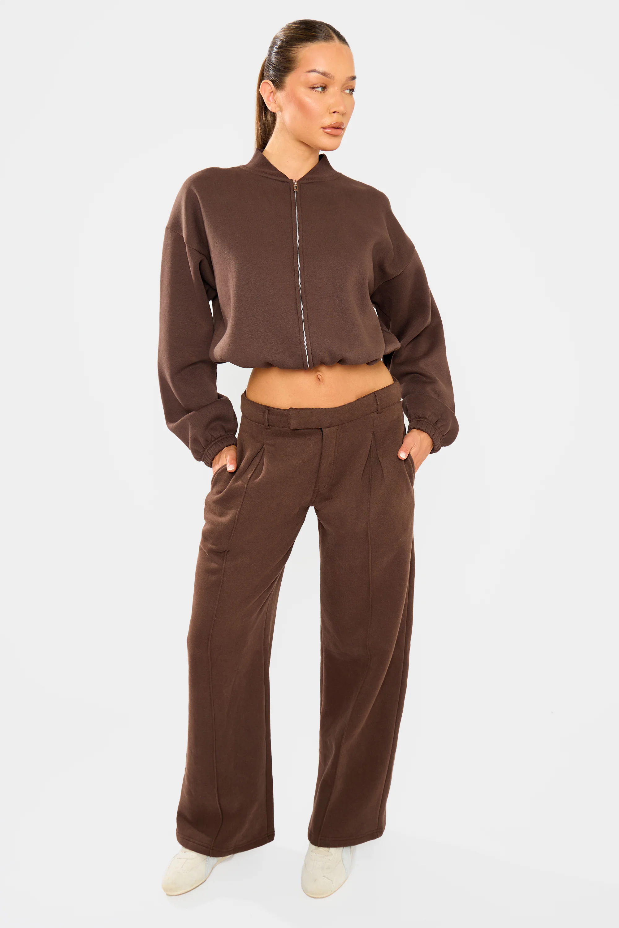 Kaiia Zip Through Bomber Style Sweatshirt Dark Brown - Image 7