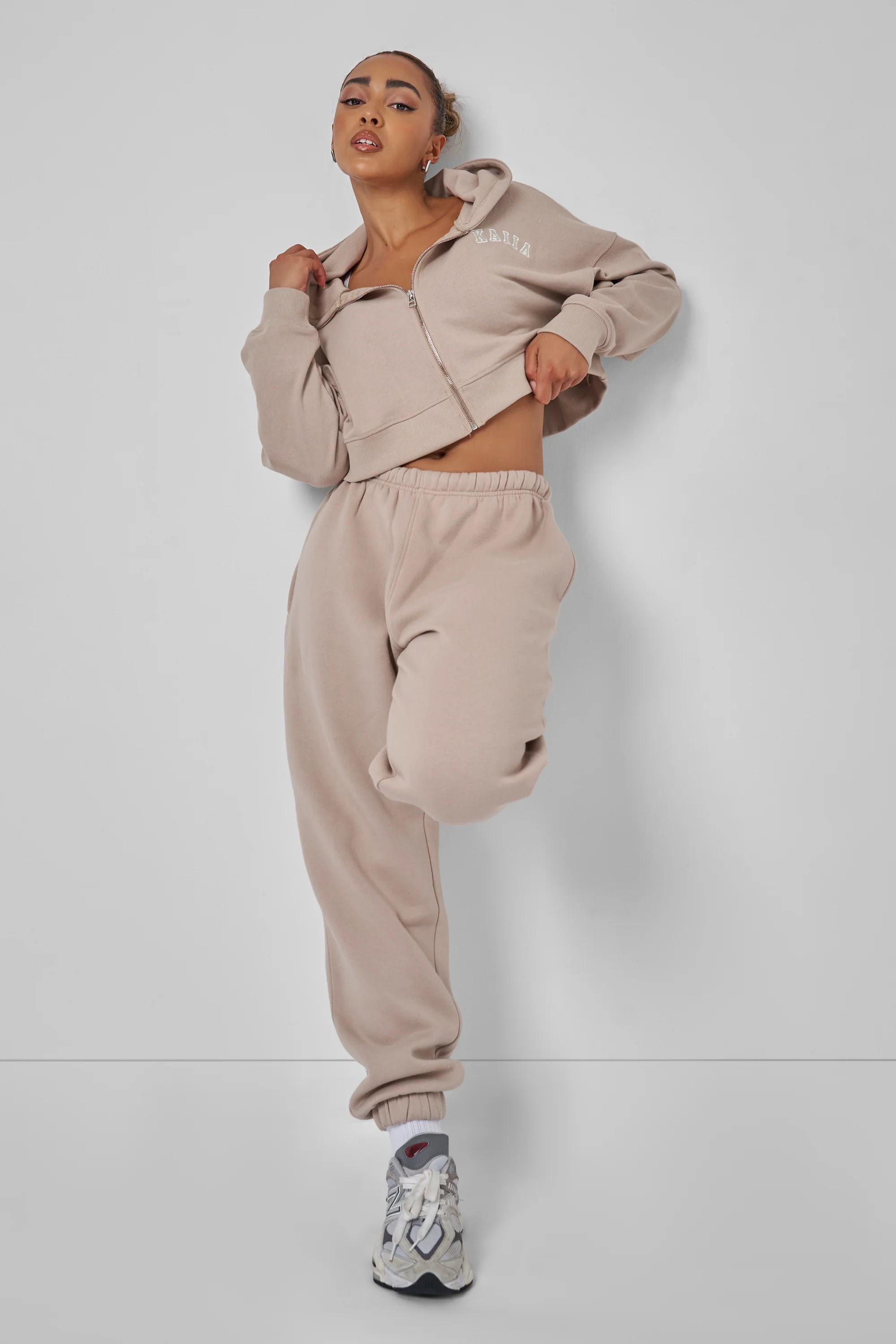 Kaiia Zip Through Cropped Hoodie Stone - Image 3