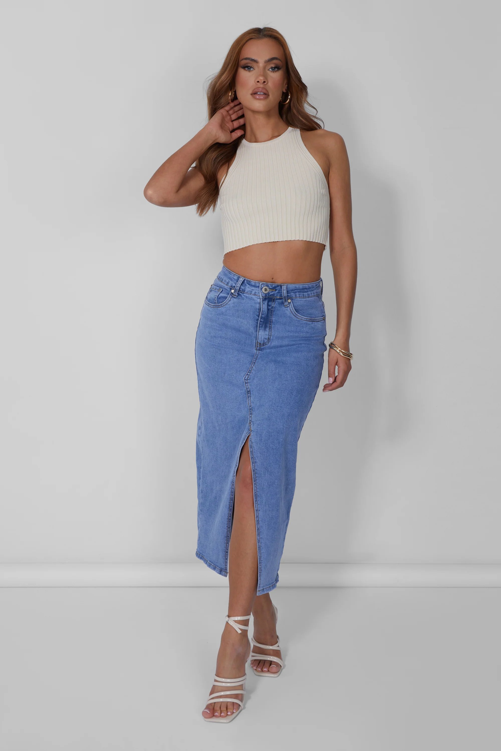 Knitted Ribbed Racer Top Beige - Image 3