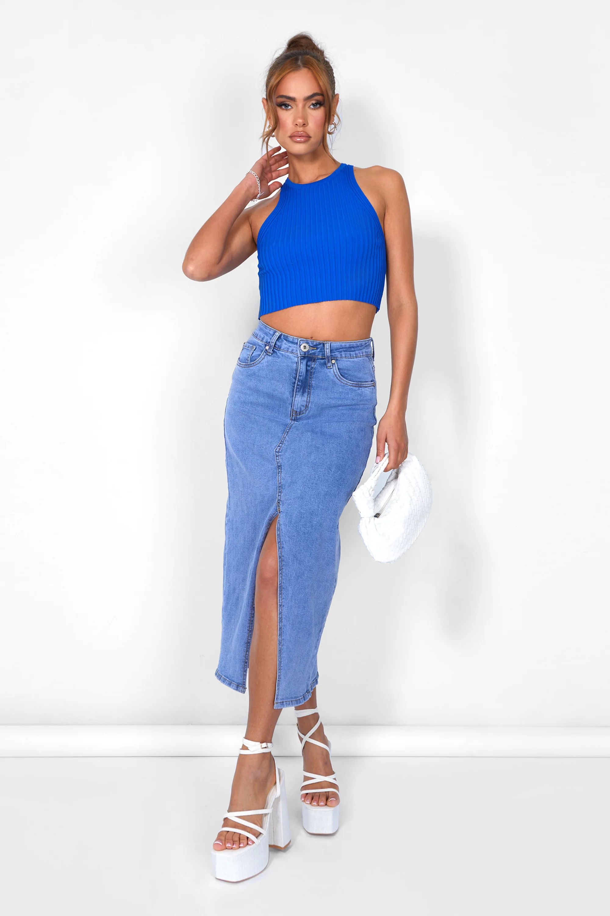 Knitted Ribbed Racer Top Cobalt Blue - Image 3