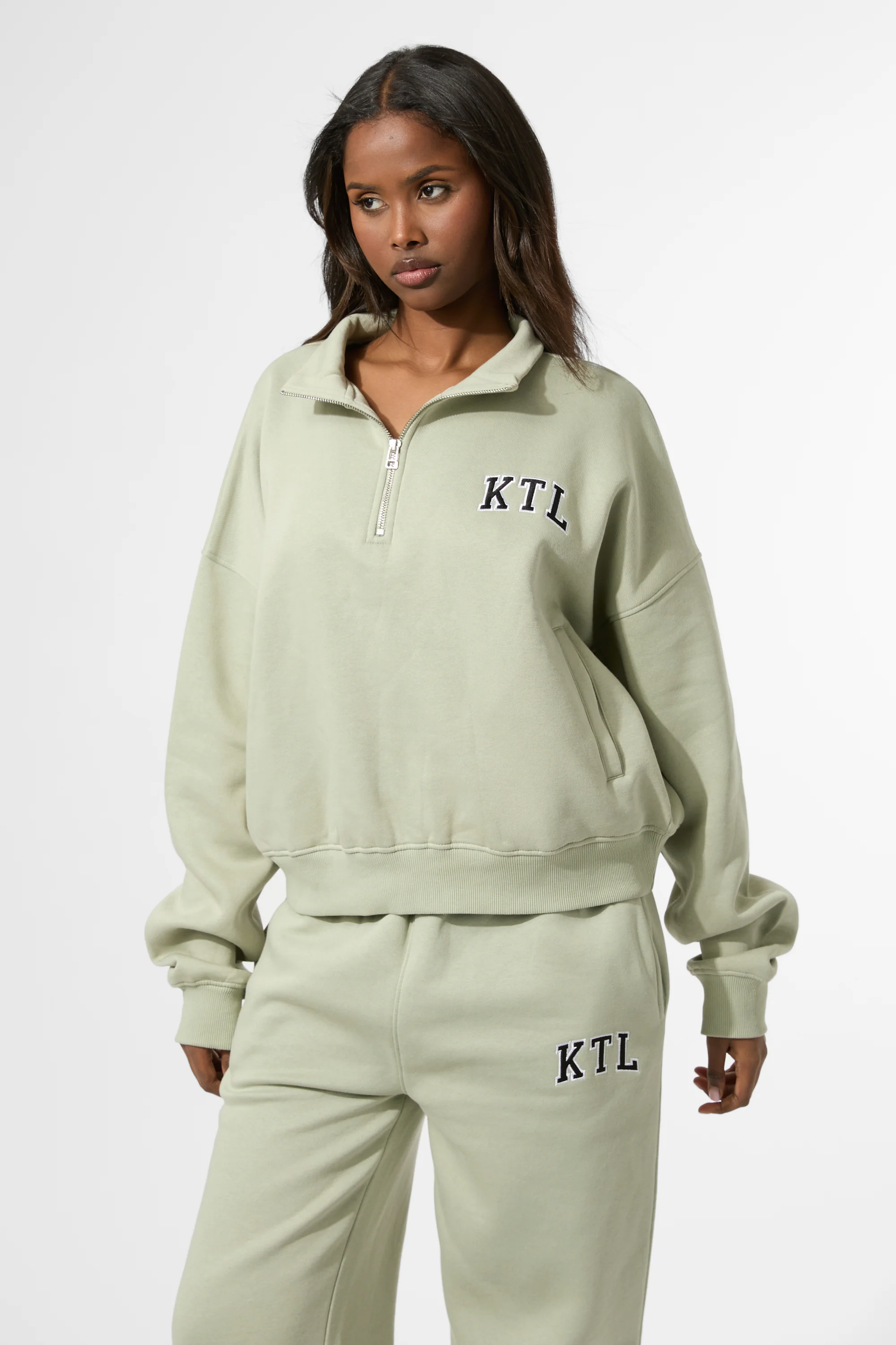 Kaiia KTL Logo Oversized Quarter Zip Sweatshirt Sage - Image 5