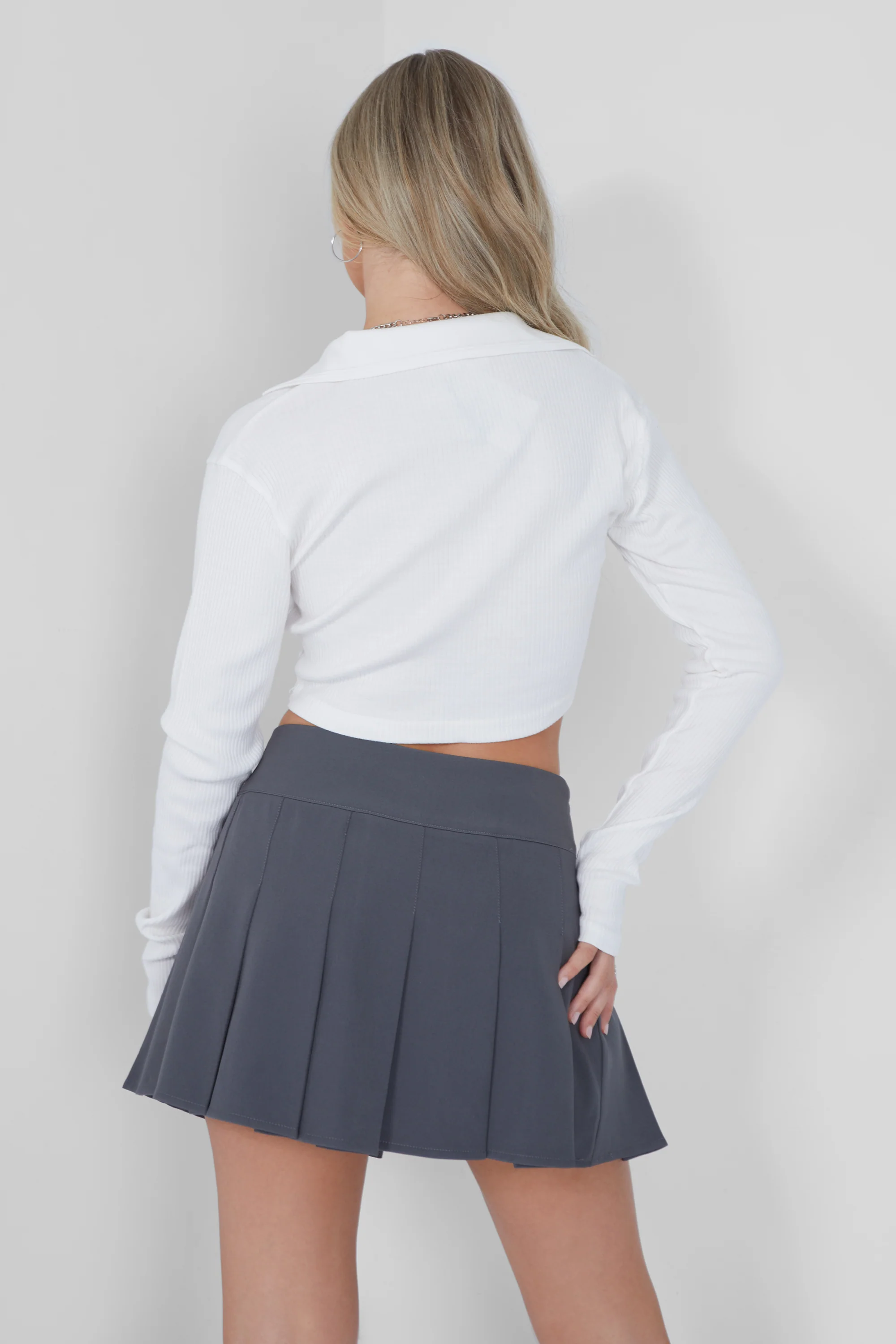 RIBBED LONG SLEEVE POLO TOP WHITE - Image 5