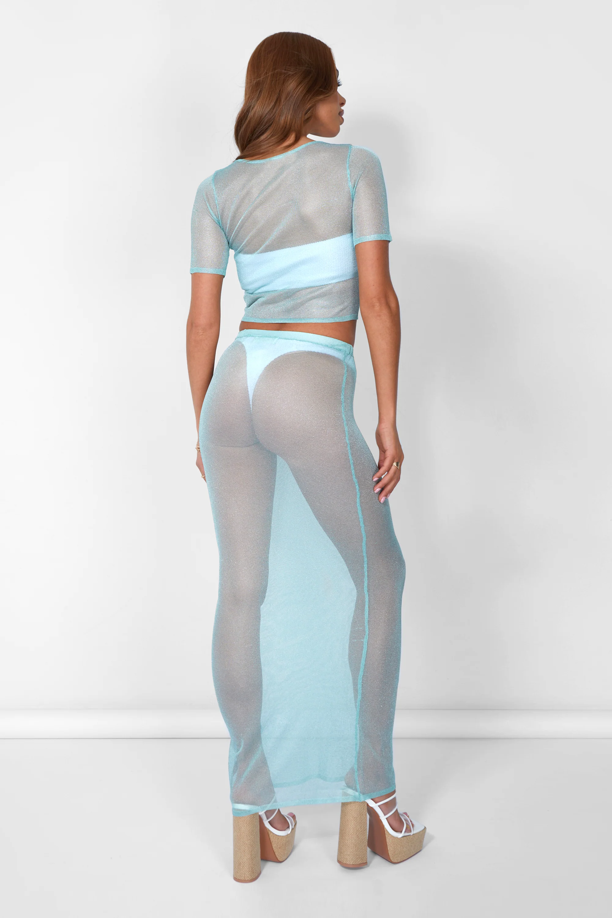 Sheer Shimmer Knitted T-shirt Top Blue - Image 5