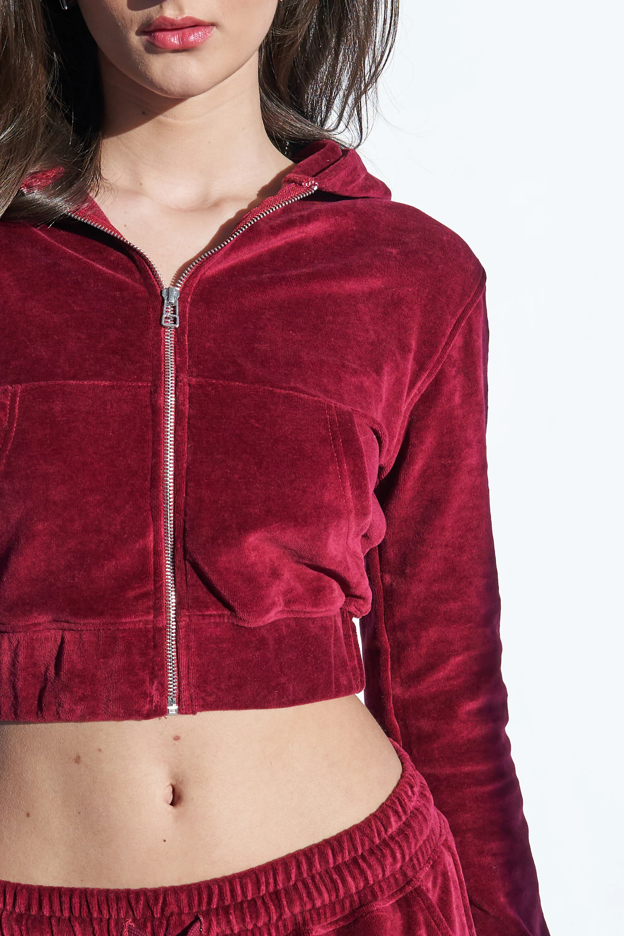 Velour Slim Fit Zip Through Cropped Hoodie Cherry Red - Image 3