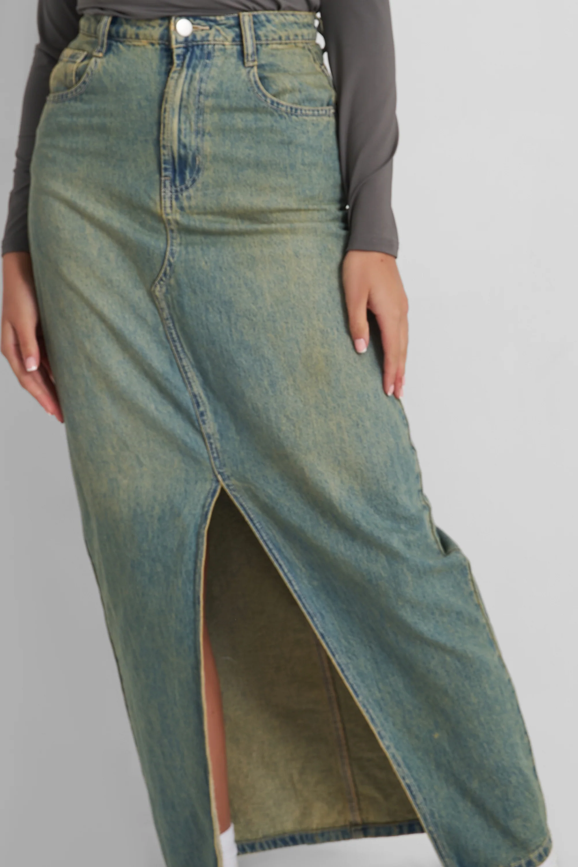 Split Front Denim Maxi Skirt Vintage Wash - Image 2