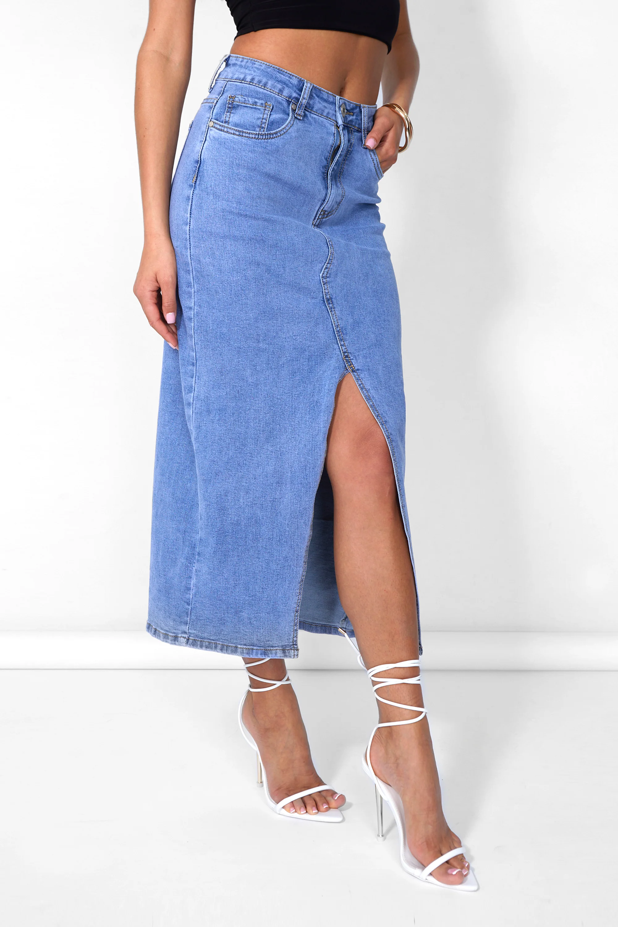 Split Front Longline Denim Skirt Blue Wash - Image 2