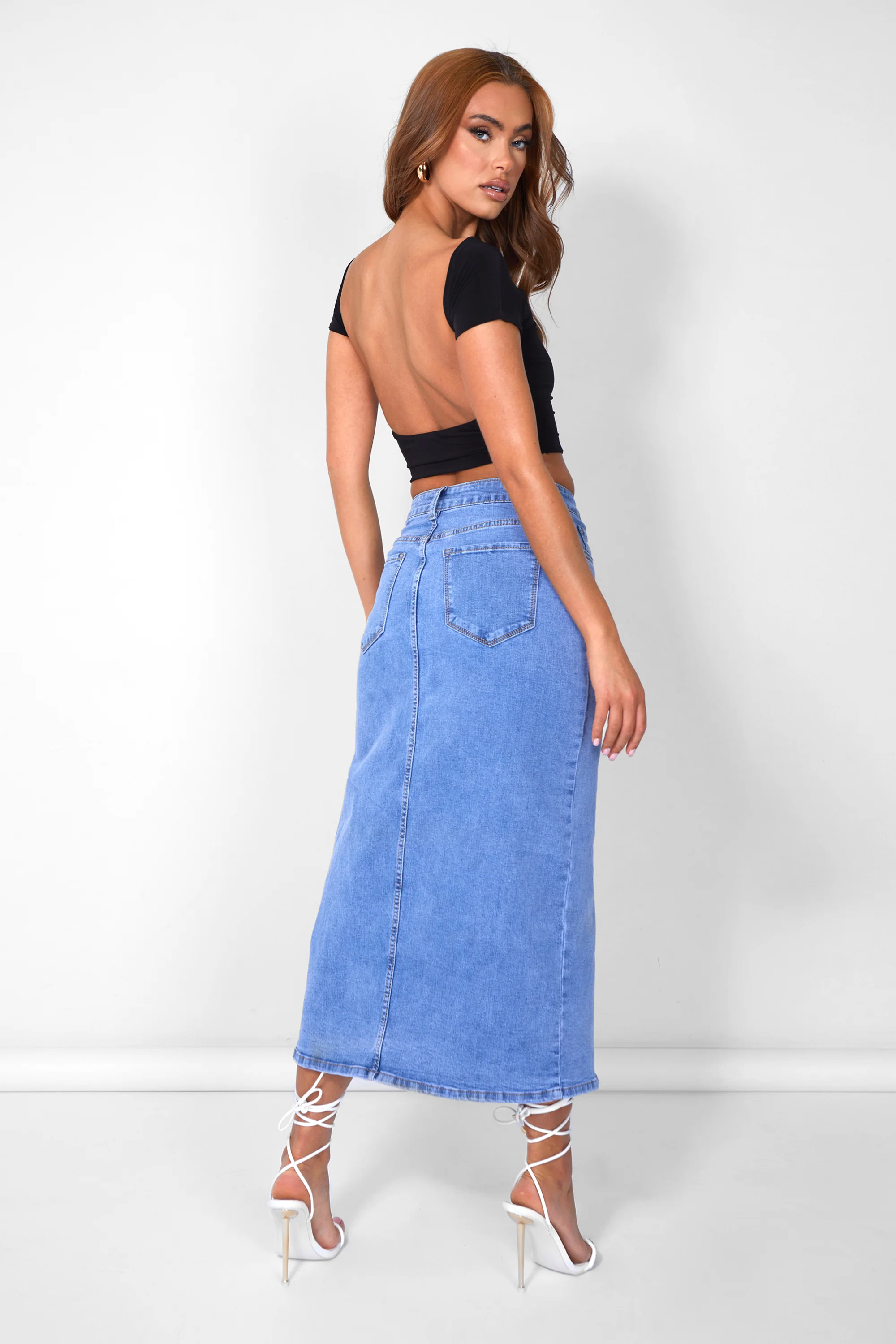 Split Front Longline Denim Skirt Blue Wash - Image 4