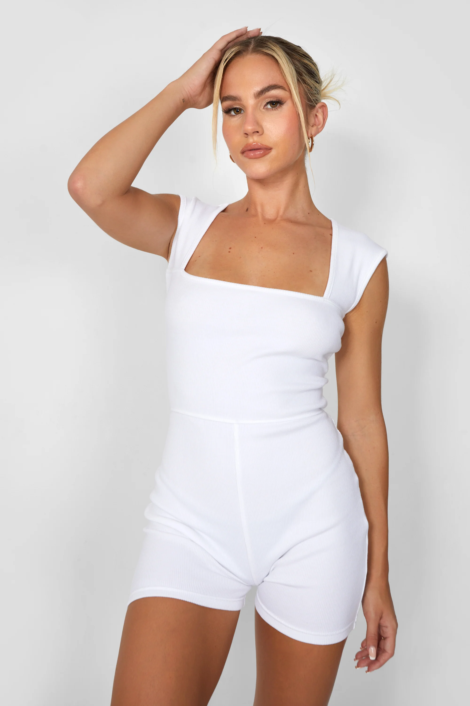 Square Neck Ribbed Playsuit White - Image 3