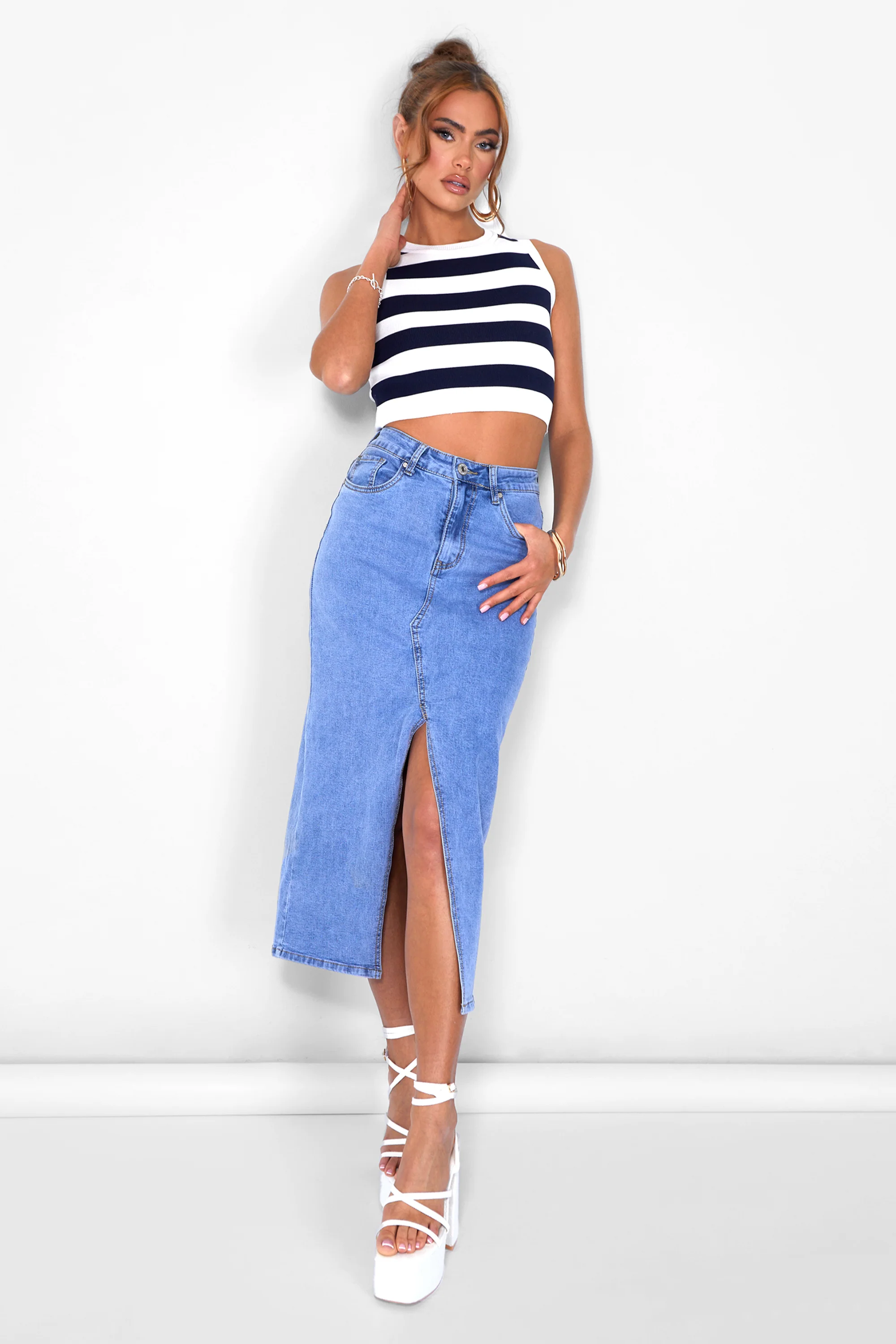 Stripe Knitted Crop Racer Top Ecru - Image 3