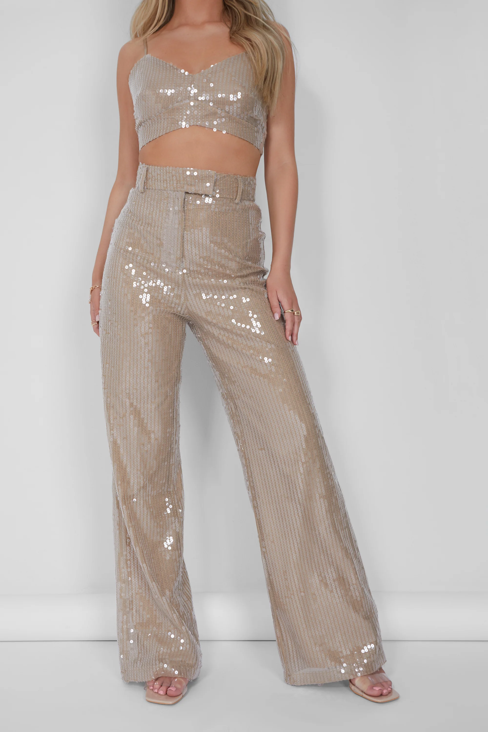 Wide Leg Sequin Trousers Nude - Image 2